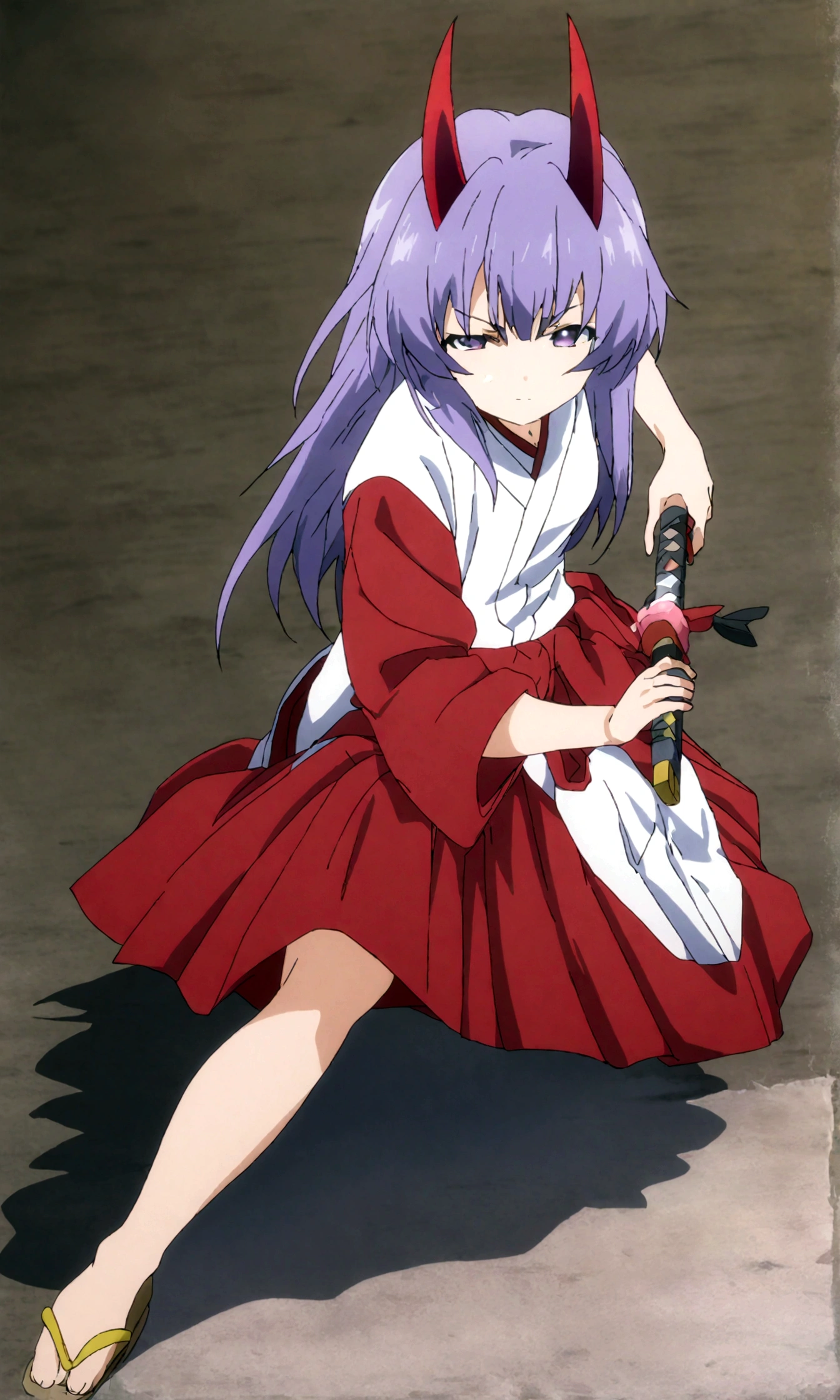 score_9, score_8_up, score_7_up, score_6_up, source_anime,BREAK , 1girl, hanyuu, solo, (tween:1.2), kawaii, ((horns)), medium breasts, purple eyes, purple hair, long hair, simple background, white background, japanese clothes, miko, skirt, hakama, hakama skirt, red detached sleeves, red hakama,iaidow,weapon, katana, holding sword, ready to draw, sheathed, unsheathing, scabbard, fighting stance, battoujutsu stance, dutch angle, full body, looking up, kubrick stare, comiket, closed mouth, masterpiece, best quality, very aesthetic, absurdres ,straight-on,,anime screencap, anime coloring,,(cinematic lighting,professional lighting),cinematic shadows,backlighting