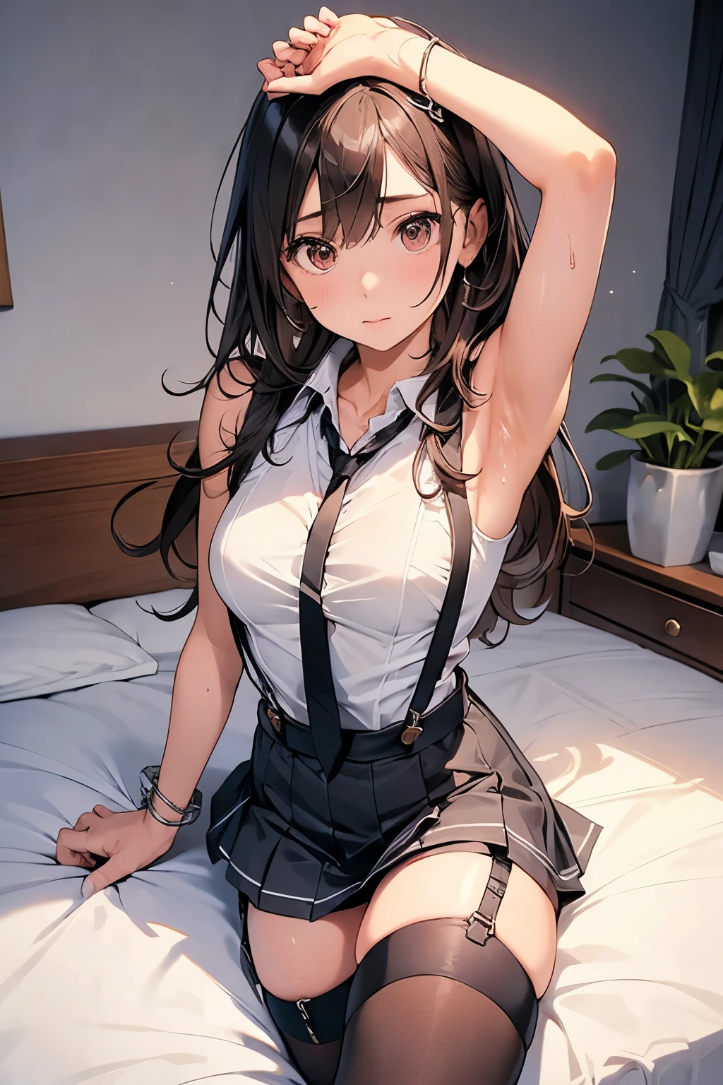 Staring at the audience Black suspenders bulging big breasts wall mini skirt garterbelt garter sight Small face holster Beautiful woman Show your hand Lying in bed sight Taunt side side汗 arm belt summer Armpit sweat Put your hands up