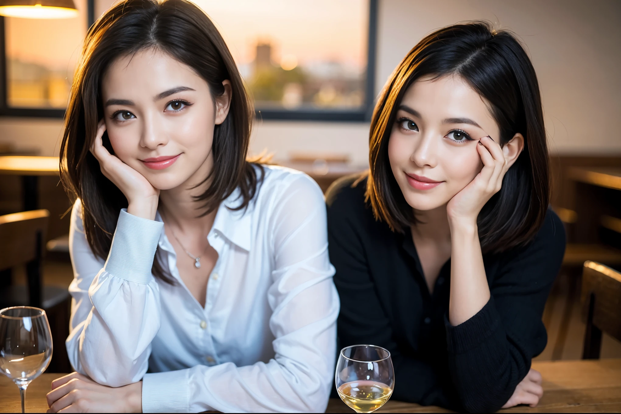 ((highest quality、8k、masterpiece:1.3))、Ray Dan lookalike beauty、1 male、1 female、Couple、Spouse、half、The body is slim、((Bob Hale、Straight hair:1.2)), (Realistic, Intricate details:1.2), Wine glass on the table、Shine light on your face、 Amazing view of the sunset sky and clouds、Amazing mountain views、A bright smile、The wonderfulness of smile、Bright image、The beauty of wine, Beautiful Face, blue eyes, The light shines on your face, Blushing, short hair,Bright Face、 (Age 44), 43 years old, red wine 、Appetizers、Italian food、Wine bottle、Champagne、sparkling wine、Two beauties、Brown Hair、Shortcuts、Long sleeve shirt、dress、Pretty Woman 1, (Slim face), (The body is slim), (Brown Hair), (Shortcuts), cheeks turn a little red,Attractive beauty、restaurant, In a prominent place (From the waist up) Nova Frog Style, actress, model, Upper Body, White wine, slim, wine glass, A wine glass placed in the center, smile, (smile: 1.15), Beautiful fine grain, Depth f/2,saturation, High Contrast, Strong light and shadow,Moist Body:1.5、3D texture、Delicate eyes、Brown Hair、The hair is very shiny、