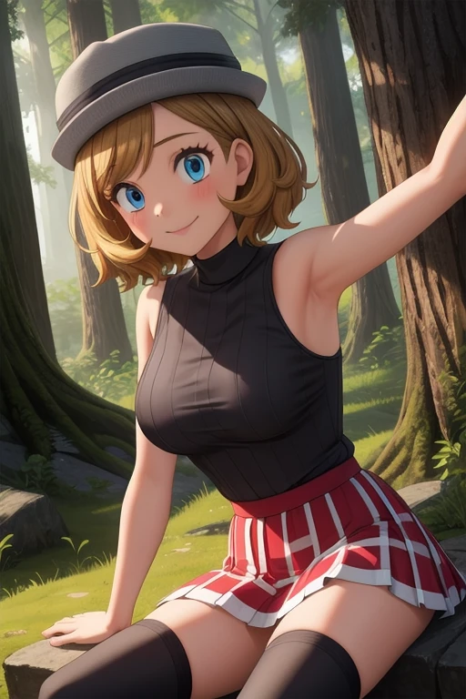 pkmnserena, 1girl, solo, blue eyes, blonde hair, short hair, bangs, hat, grey headwear,
black shirt, turtleneck, sleeveless, red skirt, pleated skirt, black thighhighs,
smile,closed mouth,cowboy shot,sitting,
forest,outdoor,
(insanely detailed, beautiful detailed face, masterpiece, best quality) cinematic lighting, sexy armpits
