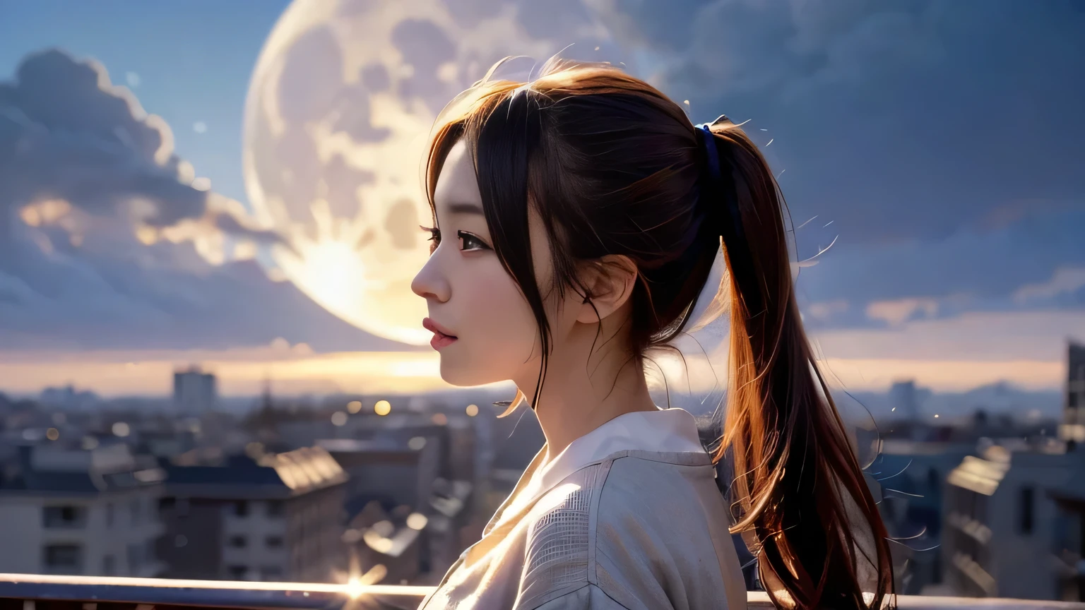 A 20-year-old Japanese woman with a beautiful profile like a popular actress。For crystal clear white skin、A slightly sad expression, as if she had been heartbroken。Her very long and beautiful hair is impressive.。Wearing the latest fashionable clothes。The background is night with a large moon floating in the sky。Realistic images as if they were taken with a high-performance camera。High image quality。