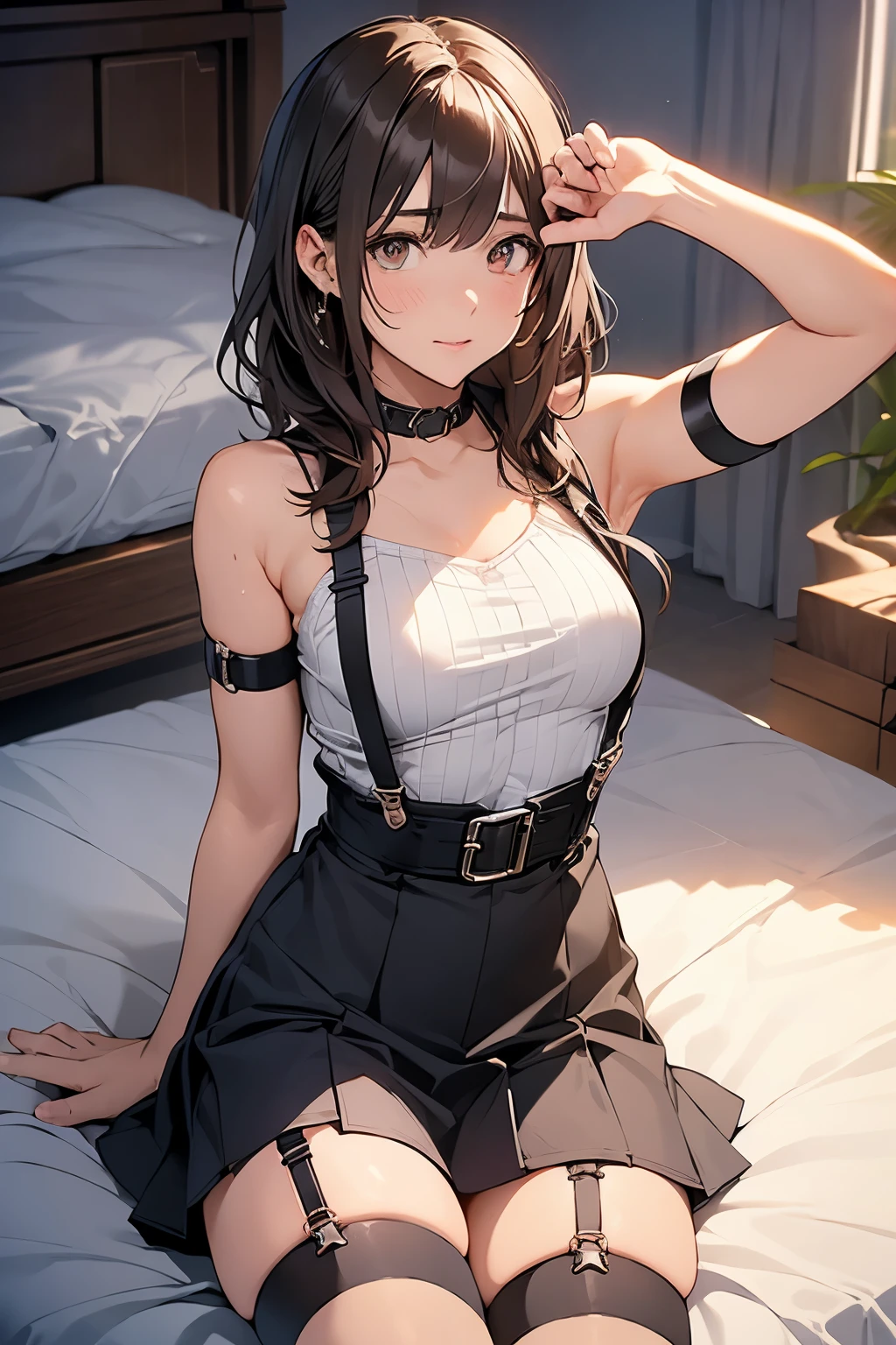 Staring at the audience　　　Black suspenders　　　bulging big breasts　　 　 　　　wall 　mini skirt　garterbelt　garter　　　　　　sight　　　Small face　 　　　holster　　　Beautiful woman　　Show your hand　　 Lying in bed　　sight 　　Taunt　side　side汗 　arm　　belt　summer　Armpit sweat　Put your hands up