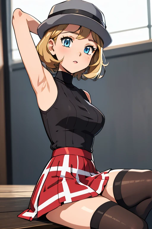 (masterpiece, best quality), 1girl, pkmnserena, 1girl, solo, blue eyes, blonde hair, short hair, bangs, hat, grey headwear,, black shirt, turtleneck, sleeveless, red skirt, pleated skirt, black thighhighs, sexy armpits