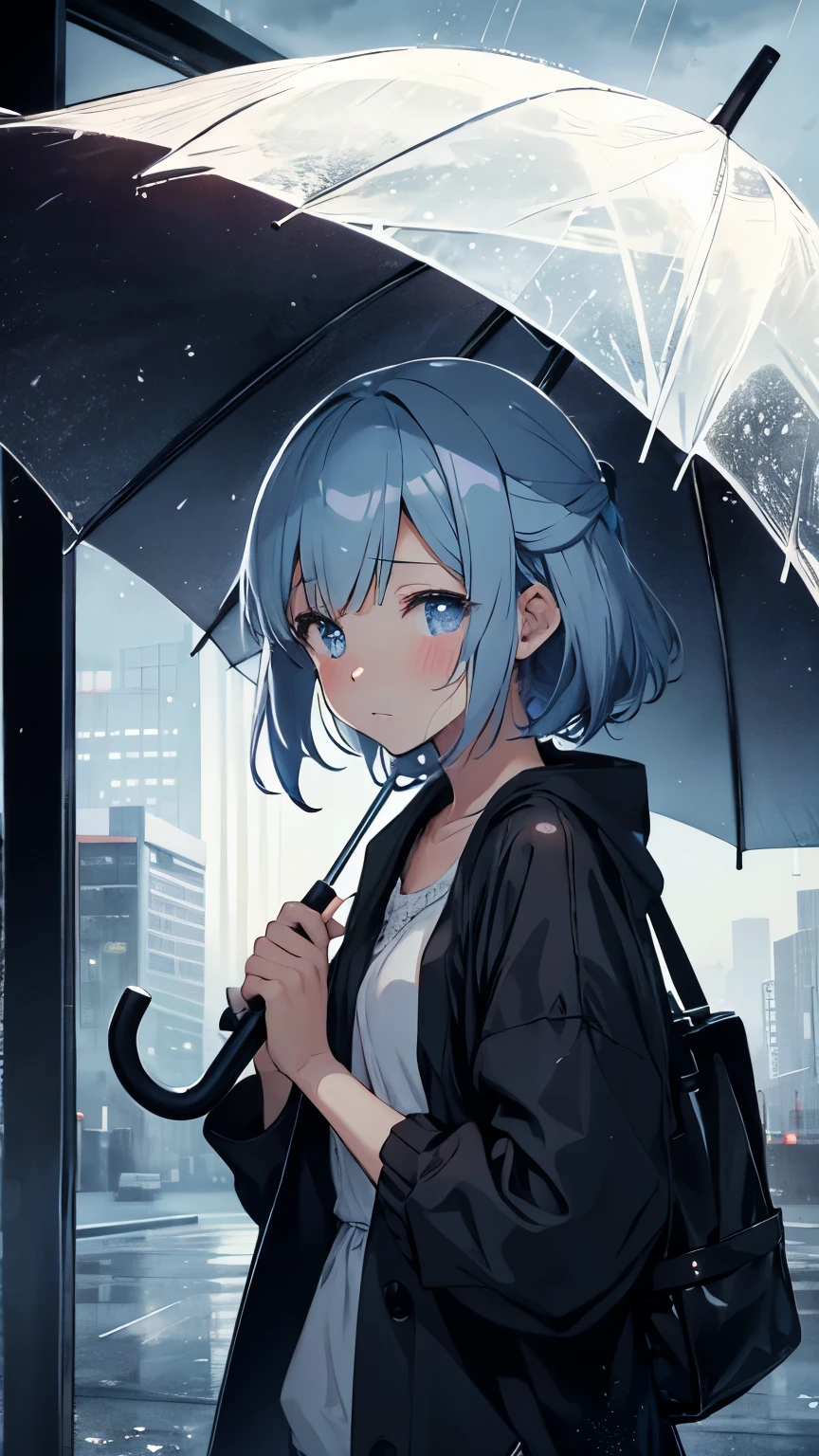 Rainy Sky、Person holding an umbrella、Crying face、Anime Style