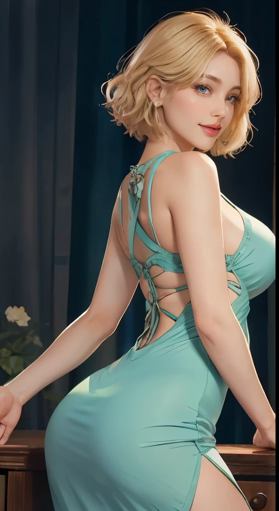 Tabletop, highest quality、Realistic, ( Intricate details, Depth of written boundary)、Hyperrealism, 8k, highest quality, Super detailed, retina, Very detailed, Perfect Face, Perfect body, Huge breasts, Very big ass, Glamour, Blonde、Bob、Beautiful woman, Perfect appearance, smile,Oily skin、Beautiful natural place、 Anatomically correct、Beautiful expression、Beautiful limbs、Shake with two fingers, Pink Lips, Pastel Green Dress,