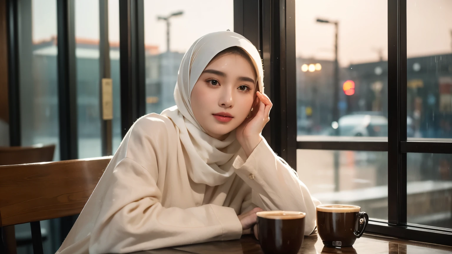 beautiful 20 year old woman wearing hijab sitting in a crowded cafe, while enjoying a glass of hot coffee, cafe window wet with rain water, quiet cafe atmosphere, 8k, highly detailed, realistic, photorealistic, masterpiece, high quality, highly detailed, intricate details, cinematic lighting, dramatic lighting, warm colour tones, volumetric lighting, depth of field, detailed facial features, alluring expression, elegant, graceful