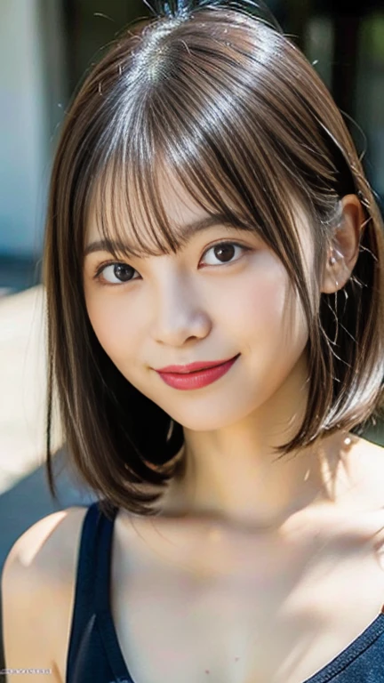(8k, RAW Photos, highest quality, masterpiece:1.2), face focus, close up, Super detailed, Super Resolution, (Realistic, Realistic Photo:1.37), Portraiture, High-definition RAW color photos, Professional photos, Very detailedで美Shii, Very detailed, 8k wallpaper, 素晴らShii、Detailed, Large file size, Official Art, highly detailed CG unity 8k wallpaper, 非常にDetailed美Shii女の子, 非常にDetailed顔, 非常にDetailed目, 非常にDetailed肌, 非常にDetailed指, 非常にDetailed鼻, 非常にDetailed口 , Perfect Anatomy, 非常にDetailed背景, Very fine clothing, One girl, (20:1.2), 20th Generation, Cute girl, Realistic body, Fair skin, Glowing Skin , The body is slim, Handsome body, Black Hair , short hair, (Blunt bangs:1.2), winking smile, Cute Smile, like々Shii, Cute face, Realistic Face, Delicate eyes, Droopy eyes, tank top, View Viewer, Cowboy Shot, Dynamic Lighting,(Very large breasts:1.2)