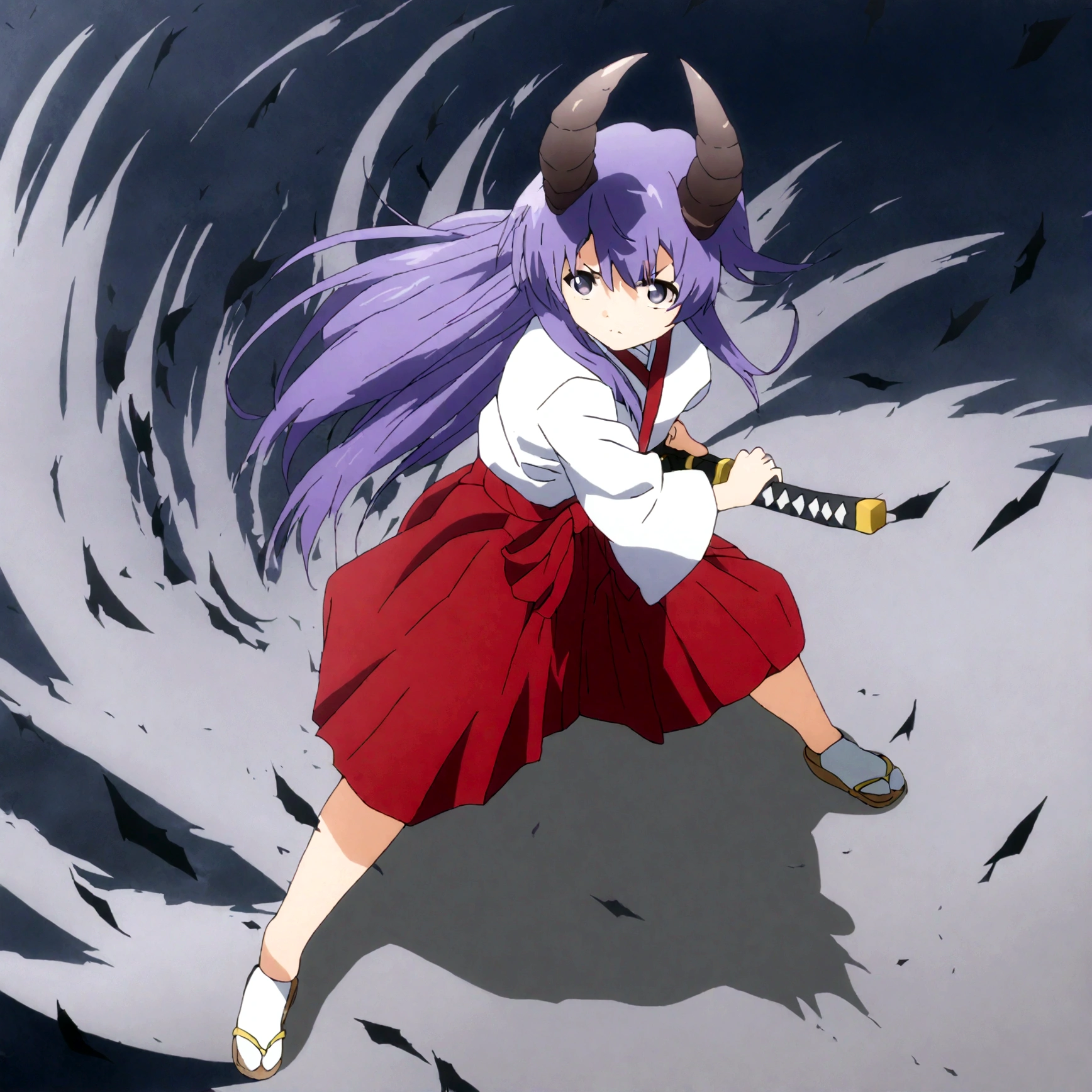 score_9, score_8_up, score_7_up, score_6_up, source_anime,BREAK , 1girl, hanyuu, solo, (tween:1.2), kawaii, ((horns)), medium breasts, purple eyes, purple hair, long hair, simple background, white background, japanese clothes, miko, skirt, hakama, hakama skirt, red detached sleeves, red hakama,iaidow,weapon, katana, holding sword, ready to draw, sheathed, unsheathing, scabbard, fighting stance, battoujutsu stance, dutch angle, full body, looking up, kubrick stare, comiket, closed mouth, masterpiece, best quality, very aesthetic, absurdres ,straight-on,,anime screencap, anime coloring,,(cinematic lighting,professional lighting),cinematic shadows,backlighting