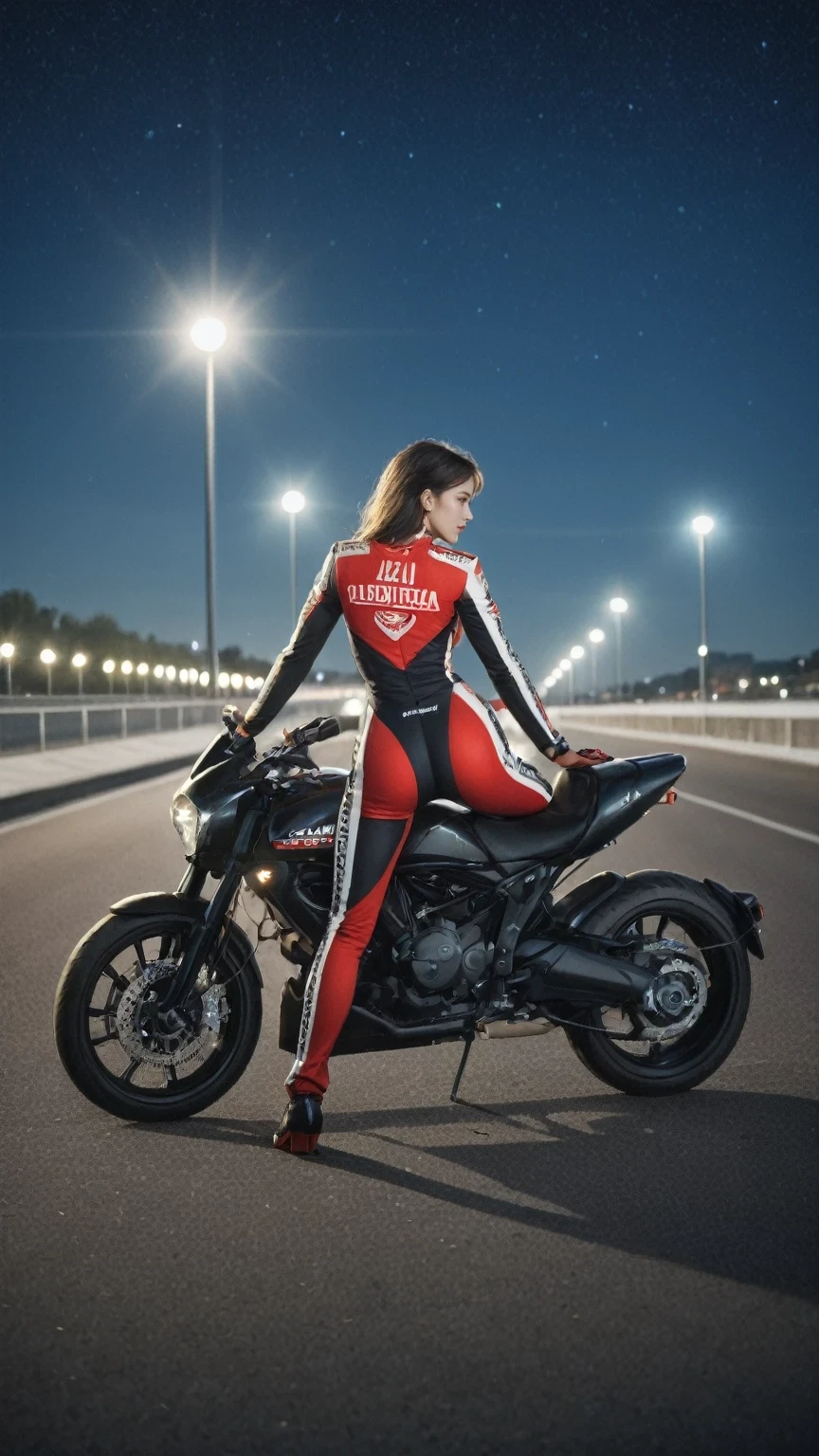 score_9, score_8_up, score_7_up, BREAK, full_body,back_view,ass_focus, look_at_viewer, 1girl,riding_a_motorcycle,sitting_on_motorcycle,bent_over,posing,(red_highleg_racing_suits),(taut_clothes),high_gloves,racing_goggles,black_boots,(black_pantyhose),(smile:0.5), long_grey_straight_hair,supermodel,pure,perfact_face,delicate_face,slender_face,delicate_eyes,full_lips,pale_skin,prefect_face,young,light_makeup, (windy:0.8),gigantic_breasts,clavicle,parted_lips,(long_shanks:1.2), earrings,necklaces,outdoors,darkness,night,nolight,starry_sky， cinematic_lighting,sun_light,ultra_realistic_photograph,pastel background_with_pastel_bokeh,Exquisite_details_and_textures,siena_natural_ratio,cinematic lighting, sun light, ultra realistic photograph, pastel background with pastel bokeh, Exquisite details and textures, siena natural ratio, (windy:0.5), dynamic pose, (smile:0.5), vibrant light and shadow, grainy, colored 66mm film analog photography, film, lomography, slight dreamy haze film grain effect,