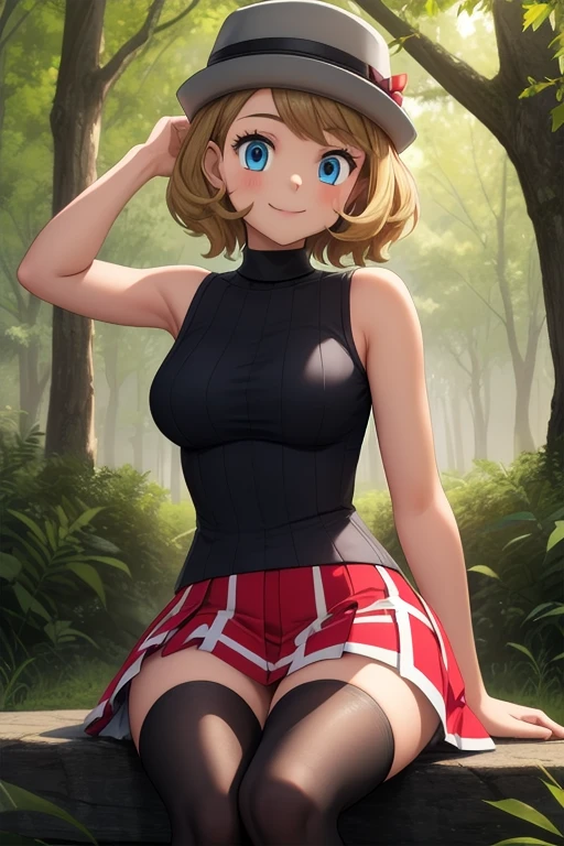 pkmnserena, 1girl, solo, blue eyes, blonde hair, short hair, bangs, hat, grey headwear,
black shirt, turtleneck, sleeveless, red skirt, pleated skirt, black thighhighs,
smile,closed mouth,cowboy shot,sitting,
forest,outdoor,
(insanely detailed, beautiful detailed face, masterpiece, best quality) cinematic lighting, sexy armpits