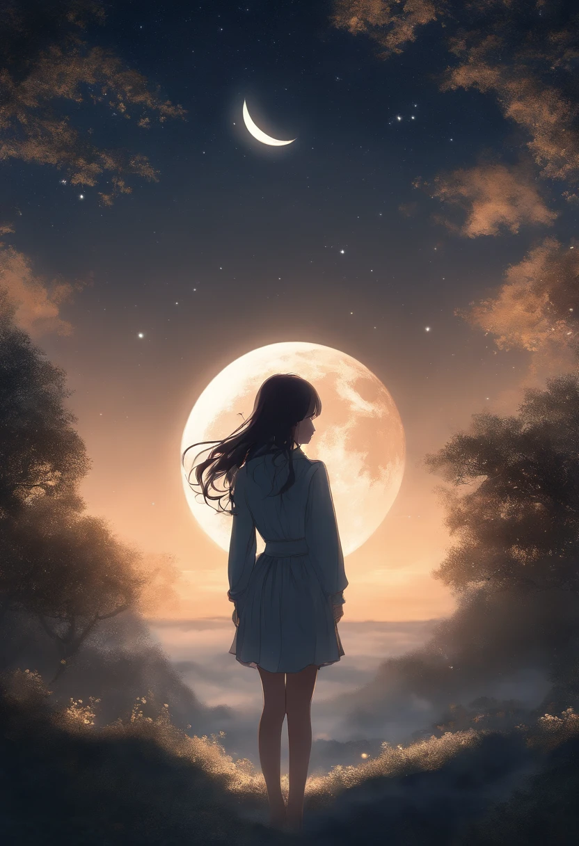 Condensed beauty,Through the sky, Starry moon painting, Concept art inspired by Mitsuoki Tosa, pixiv Contest Winner, highest quality, Fantasy art, Beautiful anime scene, Bright Moon, Starry Sky environment in moonlight, Dream painting, Anime Background Art, dream scenery art, Great night, Anime Background, Background artwork, Dreamy art, Atmospheric anime, Starry Sky, Detail enhancements.