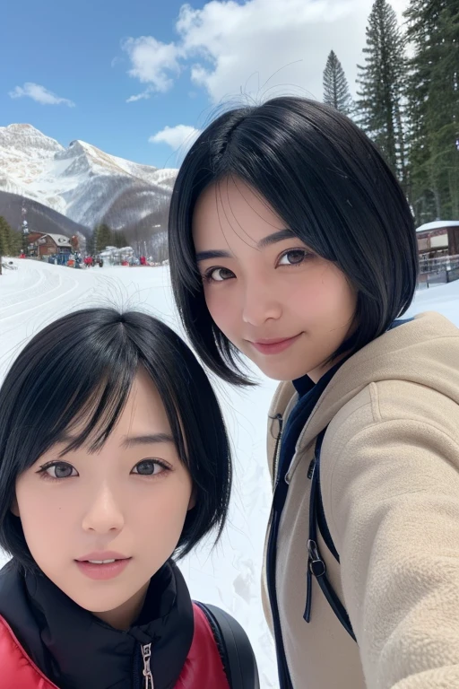 Three smiling girls, Blowing in the wind for a long time [Blue-black:.3] hair,Show Viewer, (masterpiece:1.3), (8k, Realistic, RAW Photos, highest quality: 1.4), Japanese, (One Girl), Beautiful Face, (Realistic Face), (black hair, short hair:1.3), beautiful hairstyle, Realistic eyes, Beautiful details, (Realistic Skin), Beautiful Skin, charm, Ultra-high resolution, Ultra-realistic, Very detailed, Ski resort, Shooting with a smartphone