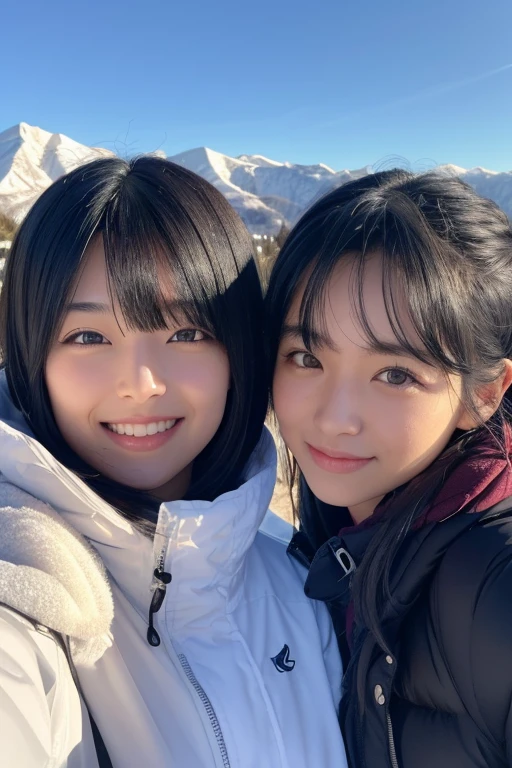 Three smiling girls, Blowing in the wind for a long time [Blue-black:.3] hair,Show Viewer, (masterpiece:1.3), (8k, Realistic, RAW Photos, highest quality: 1.4), Japanese, (One Girl), Beautiful Face, (Realistic Face), (black hair, short hair:1.3), beautiful hairstyle, Realistic eyes, Beautiful details, (Realistic Skin), Beautiful Skin, charm, Ultra-high resolution, Ultra-realistic, Very detailed, Ski resort, Shooting with a smartphone