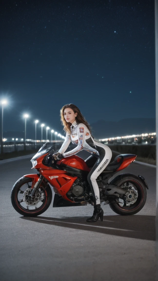 score_9, score_8_up, score_7_up, BREAK,
full_body,back_view,ass_focus, look_at_viewer,
1girl,riding_a_motorcycle,sitting_on_motorcycle,bent_over,posing,(red_highleg_racing_suits),(taut_clothes),high_gloves,racing_goggles,black_boots,(black_pantyhose),(smile:0.5),
long_grey_straight_hair,supermodel,pure,perfact_face,delicate_face,slender_face,delicate_eyes,full_lips,pale_skin,prefect_face,young,light_makeup,
(windy:0.8),gigantic_breasts,clavicle,parted_lips,(long_shanks:1.2),
earrings,necklaces,outdoors,darkness,night,nolight,starry_sky,
cinematic_lighting,sun_light,ultra_realistic_photograph,pastel background_with_pastel_bokeh,Exquisite_details_and_textures,siena_natural_ratio,cinematic lighting, sun light, ultra realistic photograph, pastel background with pastel bokeh, Exquisite details and textures, siena natural ratio, (windy:0.5), dynamic pose, (smile:0.5), vibrant light and shadow, grainy, colored 66mm film analog photography, film, lomography, slight dreamy haze film grain effect,