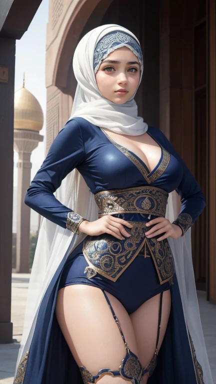 (Masterpiece, top quality, best quality, official art, beautiful and aesthetic: 1.2)
(1girl)
(Hyuga Hinata from Naruto anime, radiant white eyes, captivating with Byakugan eyes)
(Beautiful, ethnic allure in sexy clothes)
(Majestically posing against a mosque background, wearing a hijab that covers her head)
(Ultra detail, realistic representation of fabric texture, wrinkles, and intricate hijab design)
(Her mesmerizing eyes reflecting tranquility and strength, gaze fixed on the viewer), alluring, glamorous, slim waist, sexy, portrait, Long hair fluttering in the wind, Sensual lips