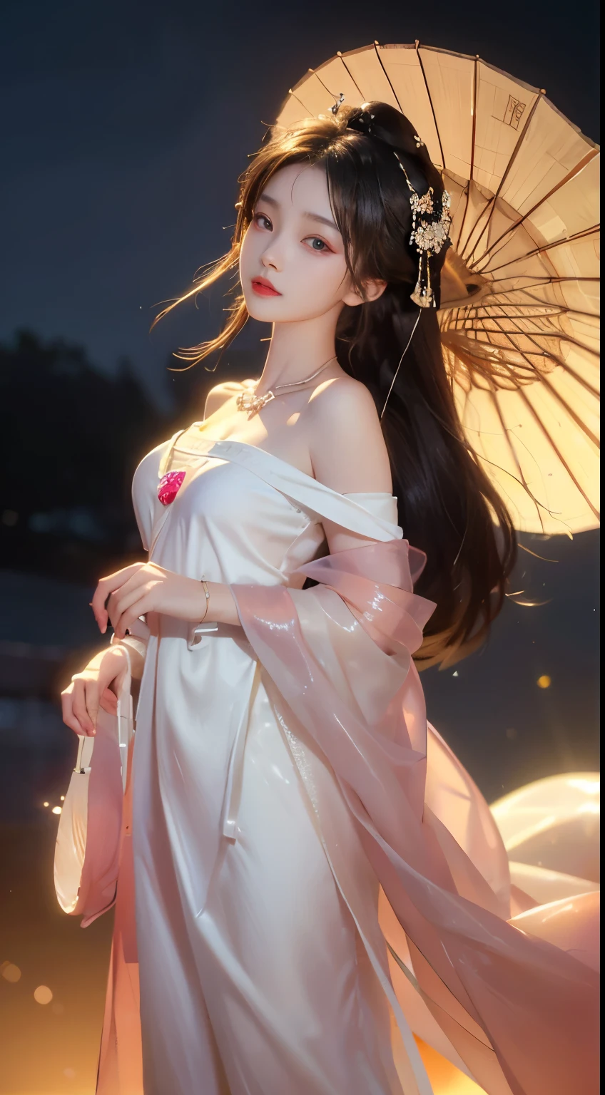 elaborate Hanfu, ((whole body)), ((from below)), ((gufeng,Bare shoulders)), Clear face, Pretty Face, 8K, masterpiece, original photo, best quality, detail:1.2,lifelike, detail, Very detailed, CG, Unity, wallpaper, Depth of Field, light, lens flare, Ray tracing, (extremely beautiful face, Beautiful lips, beautiful eyes), complicated, detail的脸, ((ultra detailed skin)), 1 girl, in the darkness, Deep Shadows, Beautiful korean girl, Korean Idol,(Very slim figure:1.3), Full breasts, Slender sexy legs, Elegant Posture, (A big smile), (City night, (Neon), (night), Beautiful korean girl, White Diamond Earrings, diameter bracelet, Deya Necklace, Clear eyes, Facing forward, (big eyes)