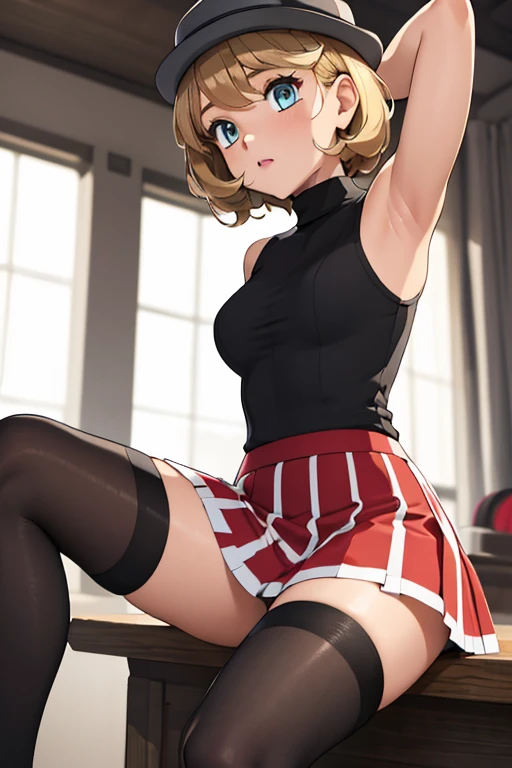 (masterpiece, best quality), 1girl,    pkmnserena, 1girl, solo, blue eyes, blonde hair, short hair, bangs, hat, grey headwear,, black shirt, turtleneck, sleeveless, red skirt, pleated skirt, black thighhighs, sexy armpits