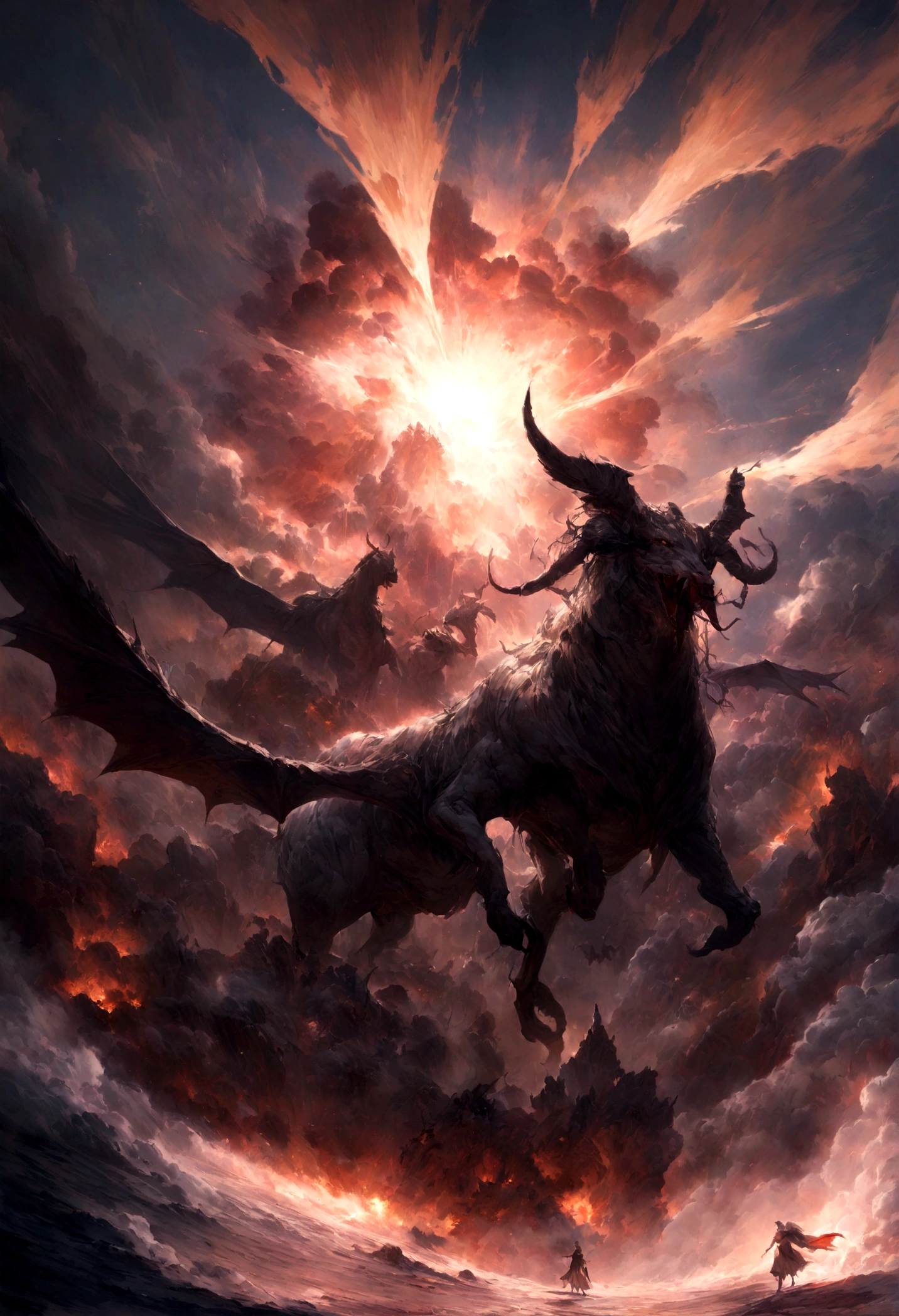 A battle between an angel and a demon, Final Showdown, (masterpiece, High resolution, high quality, Ultra-realistic:1.2), Creatures of Heaven and Hell, Intense light and shadow, Epic clash, Surreal Landscape, Dramatic composition, Vibrant colors, Divine Brilliance, Eerie Darkness, Violent explosion, Intricate details, Supernatural Beings, God&#39;s Power, Ominous atmosphere