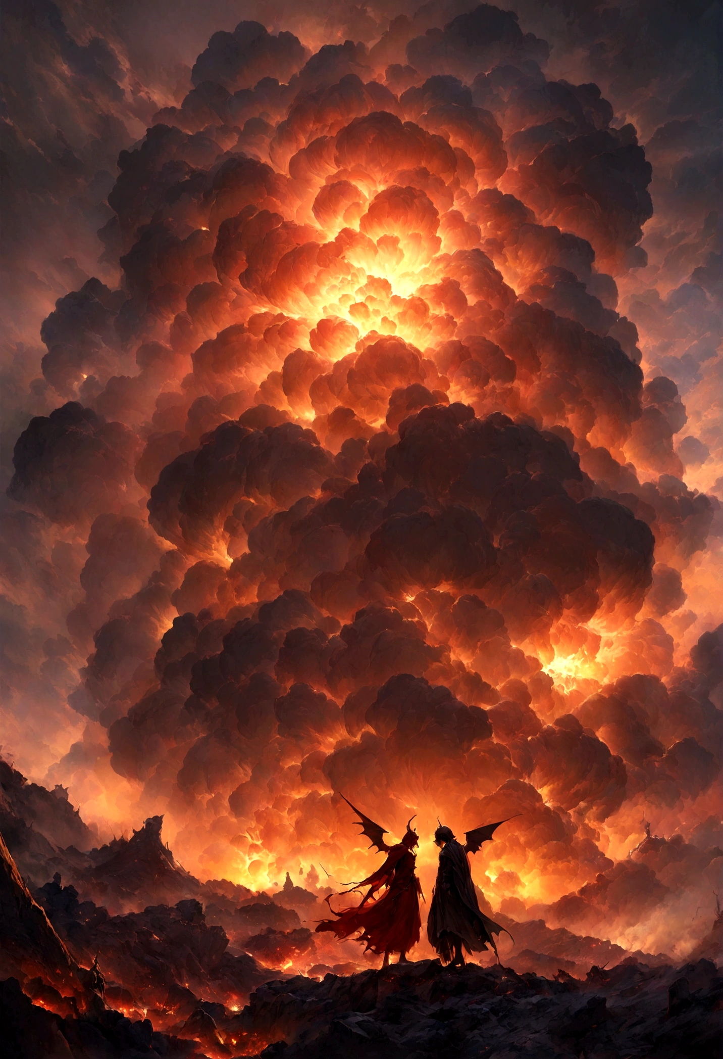 A battle between an angel and a demon, Final Showdown, (masterpiece, High resolution, high quality, Ultra-realistic:1.2), Creatures of Heaven and Hell, Intense light and shadow, Epic clash, Surreal Landscape, Dramatic composition, Vibrant colors, Divine Brilliance, Eerie Darkness, Violent explosion, Intricate details, Supernatural Beings, God&#39;s Power, Ominous atmosphere