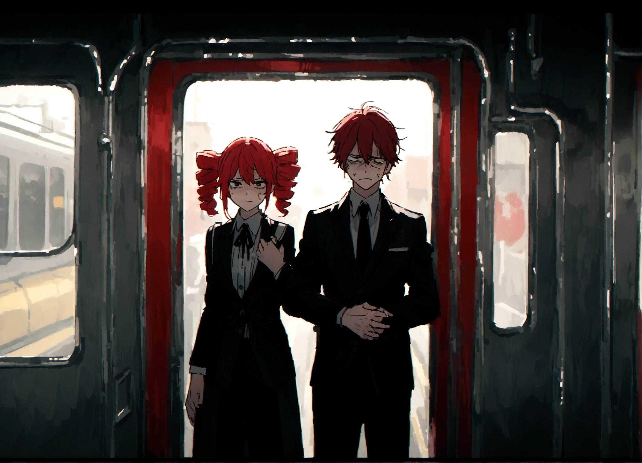 Red hair、Black Suit、Painful face、on the train、Grabbing the straps、Are standing