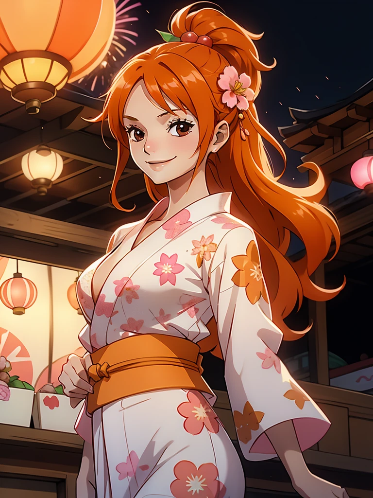 Cute  s,round and brown eyes、Orange hair color、no-bra、Medium Long Straight Hairstyles、Wearing a yukata with a white and pink floral pattern、Fireworks Festival、a smile、Have apple candy、natta、Wearing hair ornaments