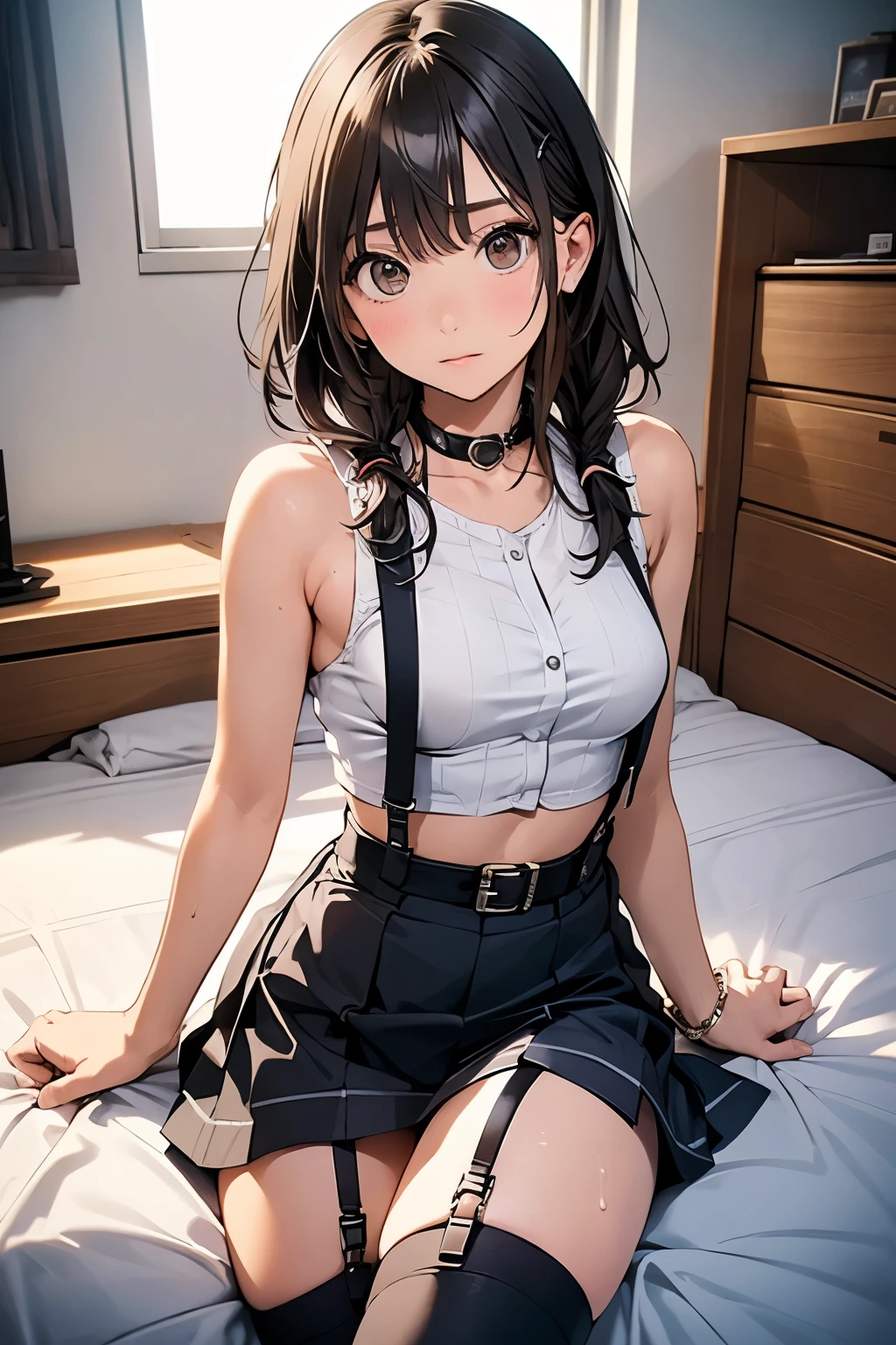 Staring at the audience Black suspenders bulging big breasts wall mini skirt garterbelt garter sight Small face holster Beautiful woman Show your hand Lying in bed sight Taunt side side汗 arm belt summer Armpit sweat Put your hands up