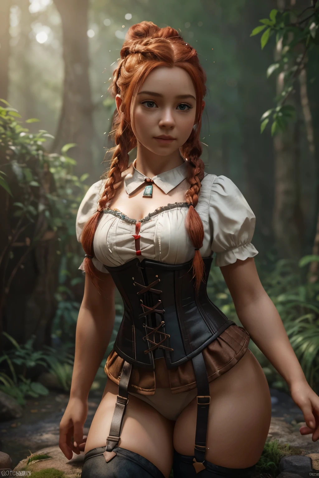 a small gnome girl with bright red hair in braids, wearing a corset and a white shirt, highly detailed, masterpiece, (best quality,4k,8k,highres,masterpiece:1.2),ultra-detailed,(realistic,photorealistic,photo-realistic:1.37),fantasy,intricate details,magical,whimsical,warm colors,soft lighting