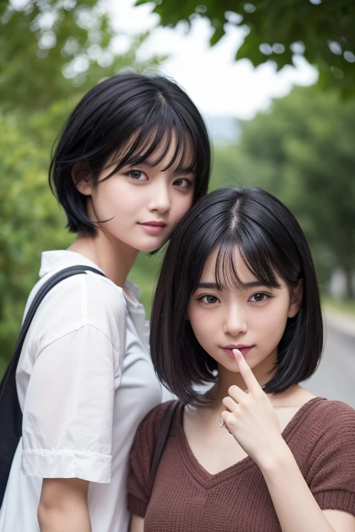 Three smiling girls, Blowing in the wind for a long time [Blue-black:.3] hair,Show Viewer, (masterpiece:1.3), (8k, Realistic, RAW Photos, highest quality: 1.4), Japanese, (One Girl), Beautiful Face, (Realistic Face), (black hair, short hair:1.3), beautiful hairstyle, Realistic eyes, Beautiful details, (Realistic Skin), Beautiful Skin, charm, Ultra-high resolution, Ultra-realistic, Very detailed, classroom, Shooting with a smartphone