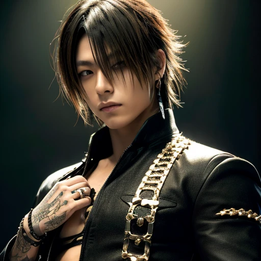 1 japanese male rocker, asien eyes, Visual Kai hairstyle, ultra detailed face and body, hyperrealistic, realistic representation, muscular, broad shoulders, tattoos gothic style, piercings, Visual Kei style, hairstyle Visual Kei, blond, 30 years old, age 30, outfit gothic streampunk, men's shirt and black pants, Asian eyes, eyes Asian, long hair, long hair