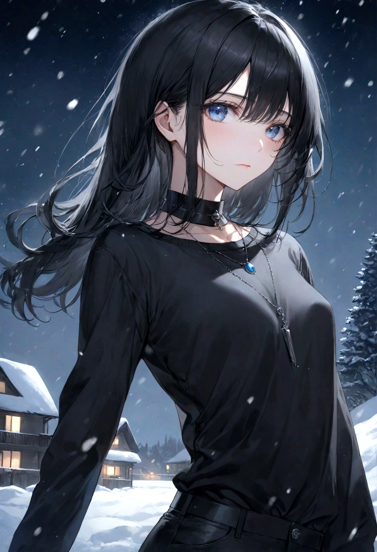 (top-quality)), ((masterpiece)), ((ultra-detailliert)), (extremely delicate and beautiful), jet black hair, long straight black hair, beautiful flat-chested woman, cold expression, blue eyes, black collar necklace, black shirt, black pants, night sky background, snow falling