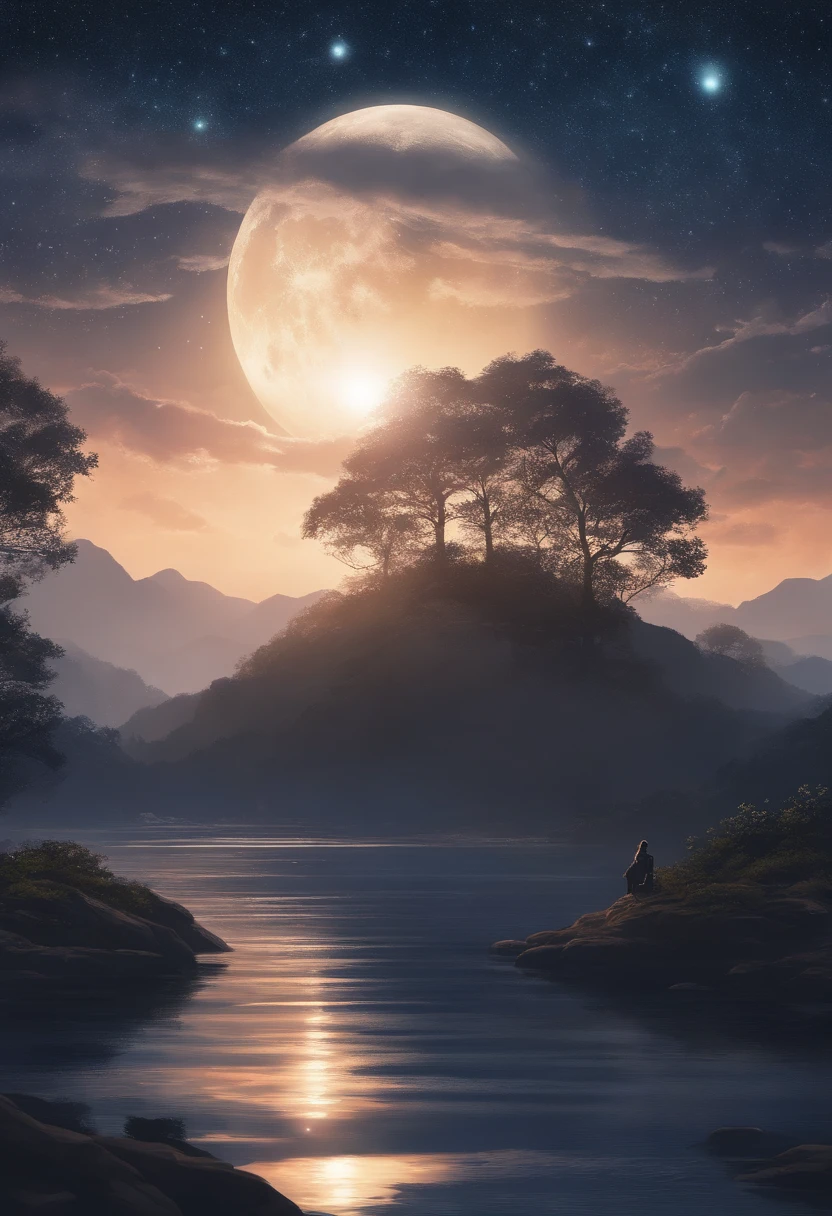 Condensed beauty,Through the sky, Starry moon painting, Concept art inspired by Mitsuoki Tosa, pixiv Contest Winner, highest quality, Fantasy art, Beautiful anime scene, Bright Moon, Starry Sky environment in moonlight, Dream painting, Anime Background Art, dream scenery art, Great night, Anime Background, Background artwork, Dreamy art, Atmospheric anime, Starry Sky, Detail enhancements.