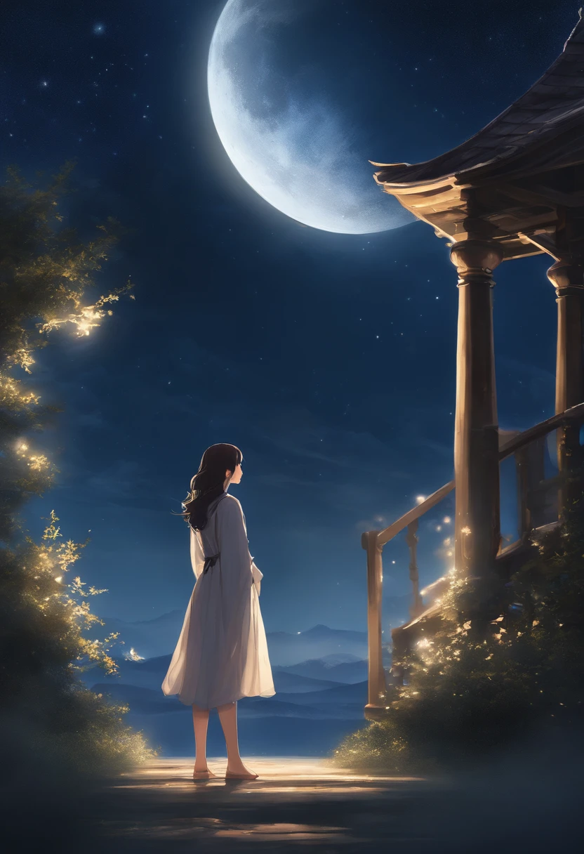 Condensed beauty，Through the sky, Starry moon painting, Concept art inspired by Mitsuoki Tosa, pixiv Contest Winner, highest quality, Fantasy art, Beautiful anime scene, Bright Moon, Starry Sky environment in moonlight, Dream painting, Anime Background Art, dream scenery art, Great night, Anime Background, Background artwork, Dreamy art, Atmospheric anime, Starry Sky, Detail enhancements.
