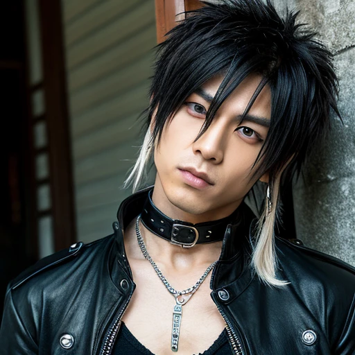 1 japanese male rocker, asien eyes, Visual Kai hairstyle, ultra detailed face and body, hyperrealistic, realistic representation, muscular, broad shoulders, tattoos gothic style, piercings, Visual Kei style, hairstyle Visual Kei, blond, 30 years old, age 30, outfit gothic streampunk, men's shirt and black pants, Asian eyes, eyes Asian, long hair, long hair