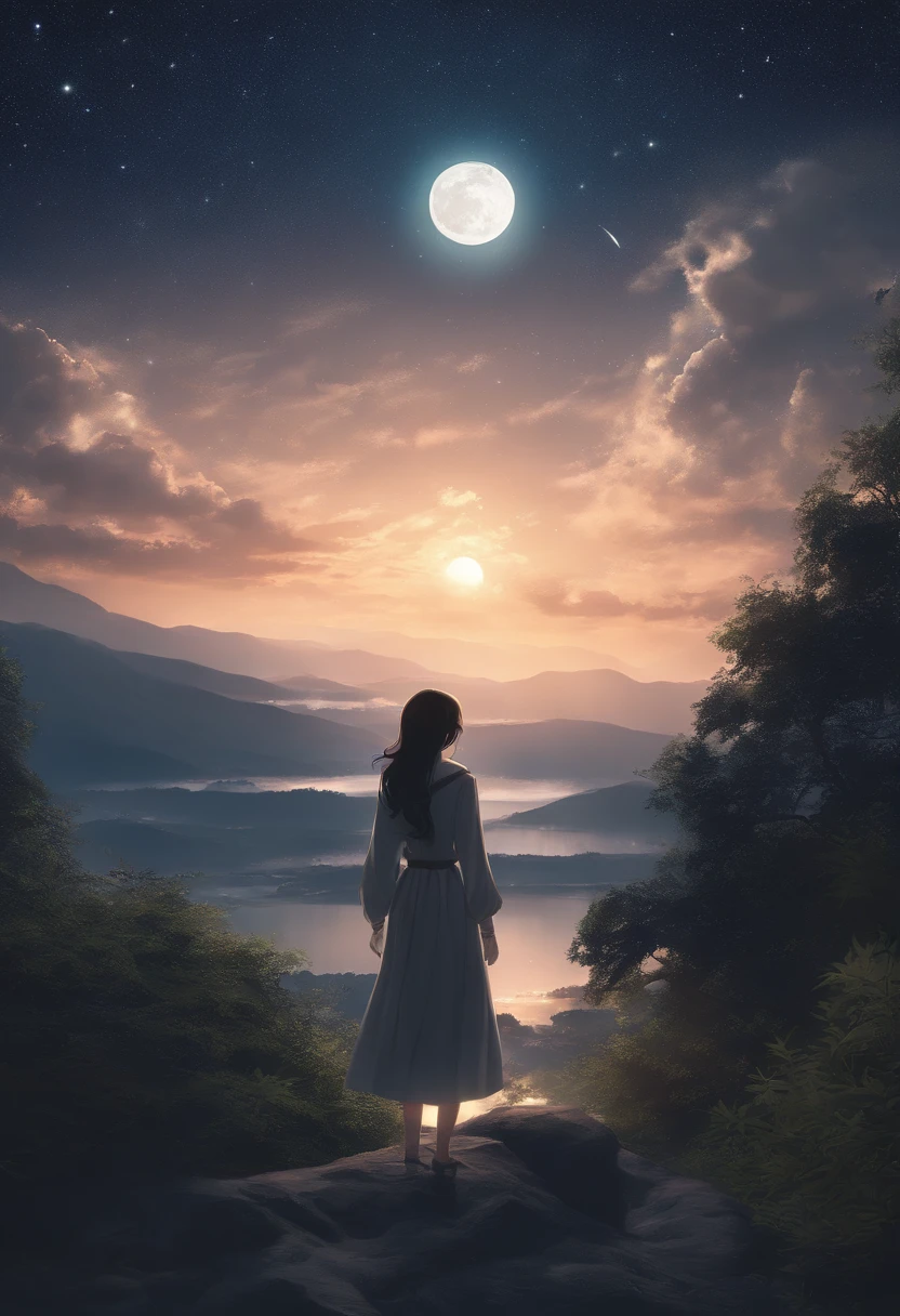 Condensed beauty,Across the sky, Starry moon painting, Concept art inspired by Mitsuoki Tosa, pixiv Contest Winner, highest quality, Fantasy art, Beautiful anime scene, Bright Moon, Starry Sky environment in moonlight, Dream painting, Anime Background Art, dream scenery art, Great night, Anime Background, Background artwork, Dreamy art, Atmospheric anime, Starry Sky, Detail enhancements.