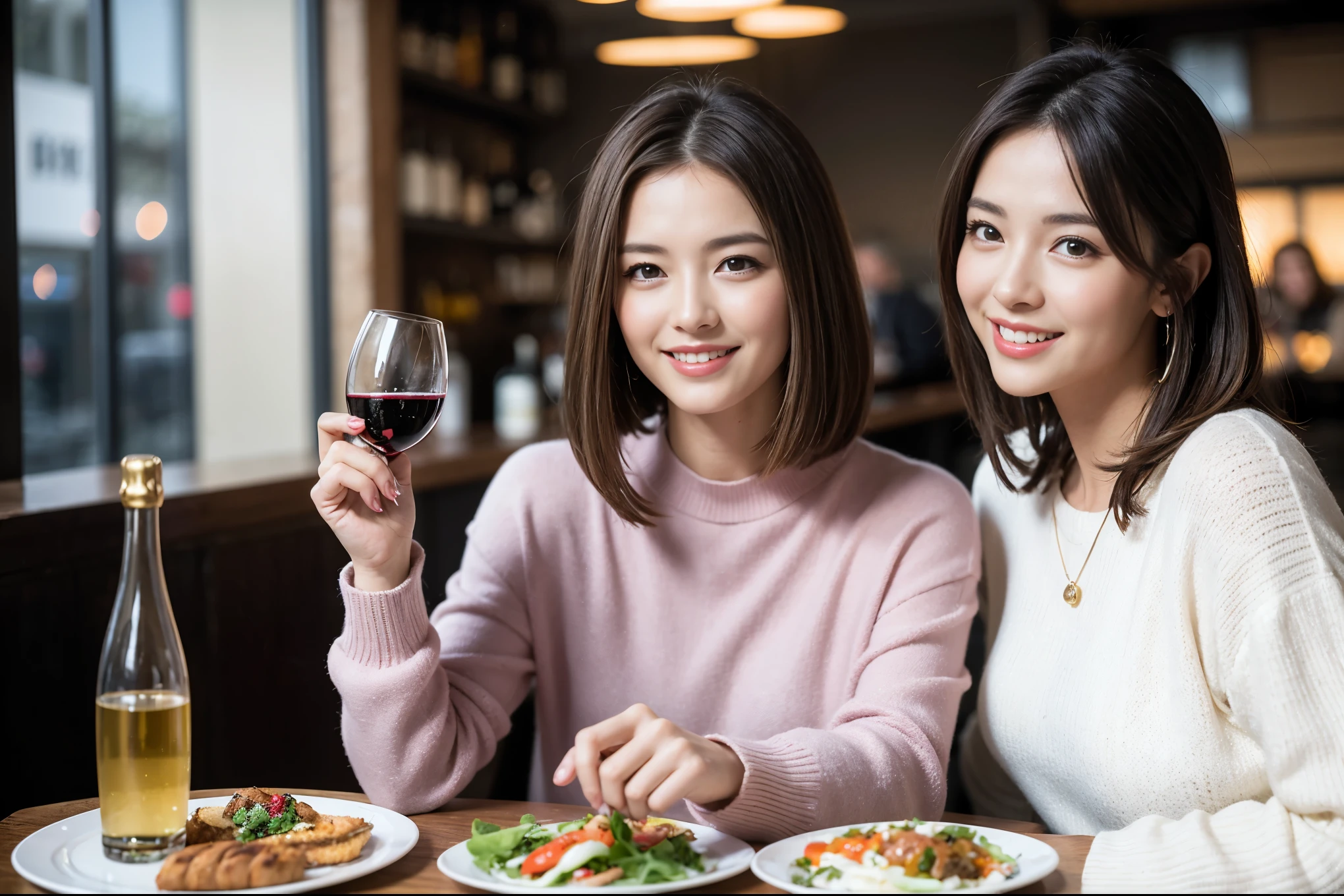 ((highest quality、8k、masterpiece:1.3))、beauty、1 male1 female、Couple、Spouse、half、The body is slim、((Bob Hale、Straight hair:1.2)), (Realistic, Intricate details:1.2), Fullcorse Dinner,Wine glass on the table、Shine light on your face、 Amazing view of the sunset sky and clouds、A bright smile、The wonderfulness of smile、Bright image、The beauty of wine, Beautiful Face, blue eyes, The light shines on your face, Blushing, short hair,Bright Face、 (Age 45), 39 years old, red wine 、Appetizers、Italian food、Wine bottle、Champagne、sparkling wine、Two beauties、Brown Hair、Shortcuts、Long sleeve shirt、dress、Pretty Woman 1, (Slim face), (The body is slim), (Brown Hair), (Shortcuts), cheeks turn a little red,Attractive beauty、restaurant, In a prominent place (From the waist up) Nova Frog Style, actress, model, Upper Body, White wine, slim, wine glass, A wine glass placed in the center, smile, (smile: 1.15), Beautiful fine grain, Depth f/2,saturation, High Contrast, Strong light and shadow,Moist Body:1.5、3D texture、Delicate eyes、Brown Hair、The hair is very shiny、