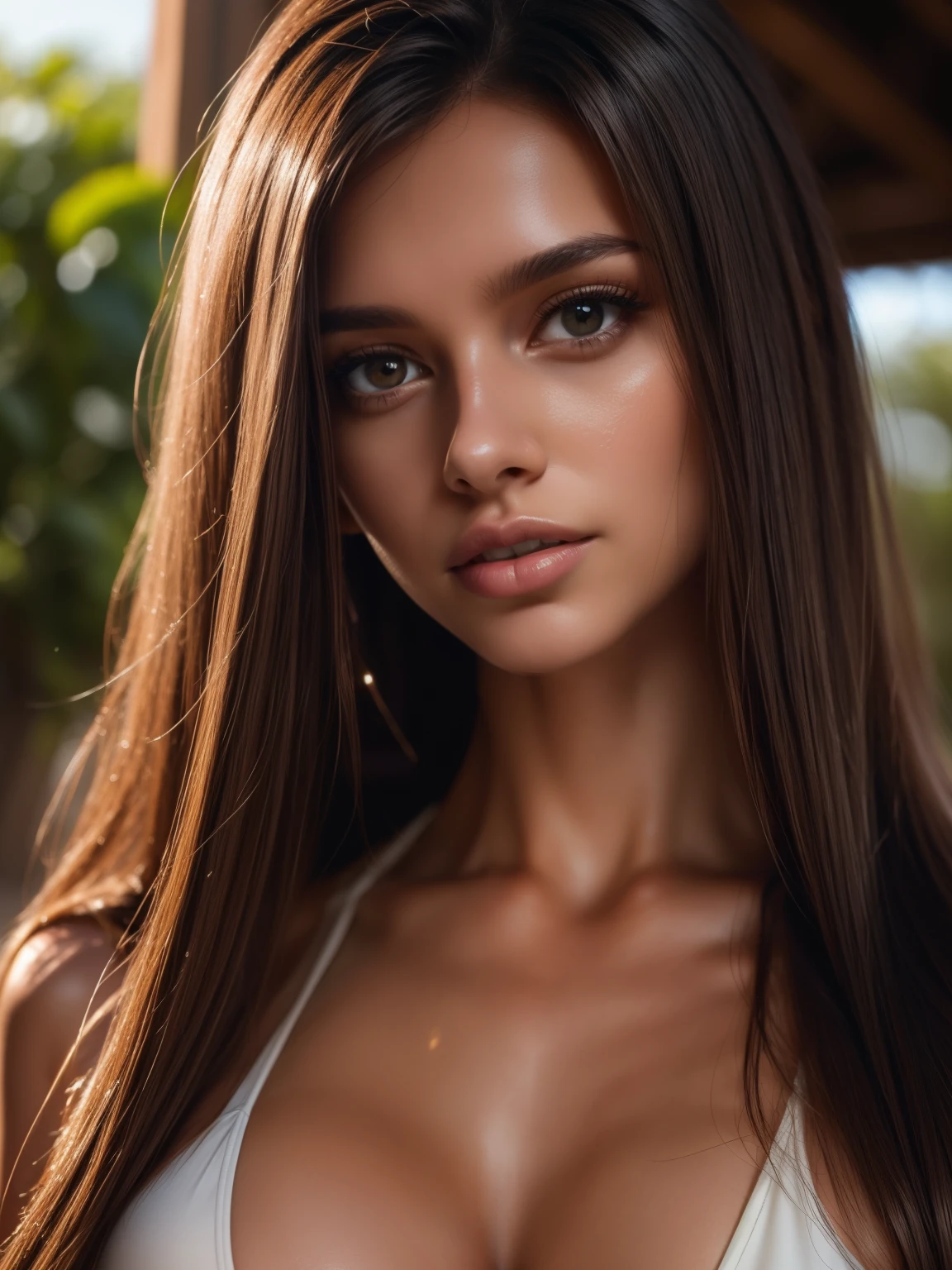 Focusing area: dynamic point (21 points), zoom focal, Sweat and wet body, editorial photograph of a beautiful young , slim, athletic body, shapely legs, white wheat skin, straight brown hair, wide hips, small waist, big chest, , sexy, perverted and lustful, flirtatious pose, arms outstretched, translucent blouse, extremely detailed eyes, detailed symmetric realistic face, extremely detailed natural texture, beige blouse, Neckline, big chest, perfect high detailed hands, perfect high detailed fingers, beautiful face, high detailed perfect eyes, beautiful gradient, Beautiful girl, clean detailed, dynamic pose, massive chest, uniform, Green Minkirt, Uhd digital painting, hyperdetailed triadic colors, unreal engine, fantastical, intricate detail, complementary colors, 8k resolution, heavy strokes, dynamic light source, nikon d850 film stock photograph, kodak portra 400 camera f1.6 lens, extremely detailed, amazing, fine detail, rich colors, hyper realistic lifelike texture, dramatic lighting,