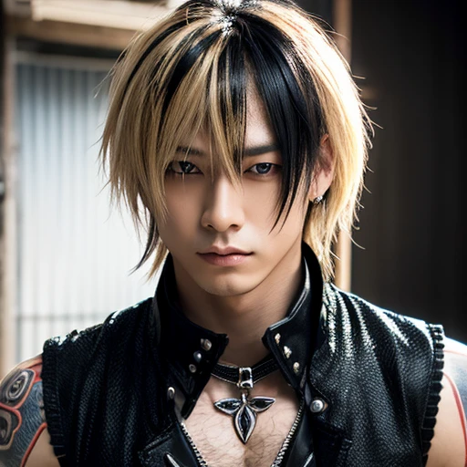 1 japanese male rocker, asien eyes, Visual Kai hairstyle, ultra detailed face and body, hyperrealistic, realistic representation, muscular, broad shoulders, tattoos gothic style, piercings, Visual Kei style, hairstyle Visual Kei, blond, 30 years old, age 30, outfit gothic streampunk, men's shirt and black pants, Asian eyes, eyes Asian, long hair, long hair