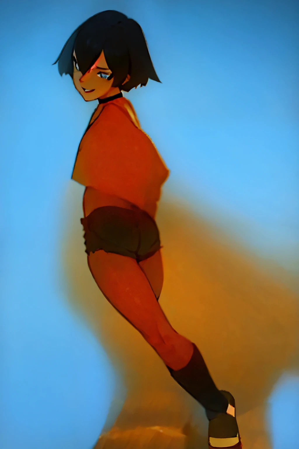 a male with jet black, shoulder length hair, blue eyes, he smiling, he has vampire teeth dark beautiful, scenery behind him, he is wearing a black crop top and a black jacket with skeletal designs, and dark shorts with thigh high socks, black choker, white lip piercing, black nails, MAPPA, wit studio screencap, full body, NSFW, bl. Gay