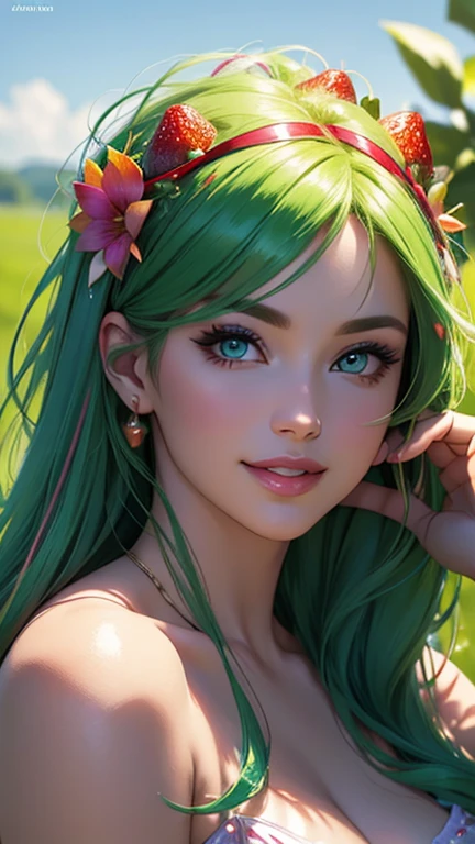 (best quality,ultra-detailed,photo-realistic:1.37),bright and vibrant colors,studio lighting,playful expression,stylish makeup, Strawberries,green hair flowing in the wind,alluring eyes,glossy lips,sexy pose, smiling in a confident and seductive way,posing for a professional photoshoot,shallow depth of field,highlighting the main subject,soft natural lighting,creating a dreamy and magical atmosphere.