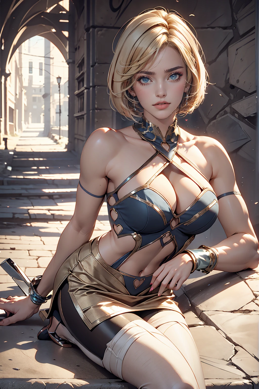 26 year old Caucasian female、Platinum Blonde、Bob Hair((bob cut))、blue eyes、Sexy proportions、Narrow waist、Long legs、7 heads、Beautiful fingertips、Front cutout((front cutout))Wear tops、Wear leggings、Wear stiletto heels、Top view、Old concrete wall background、smile、Arms crossed