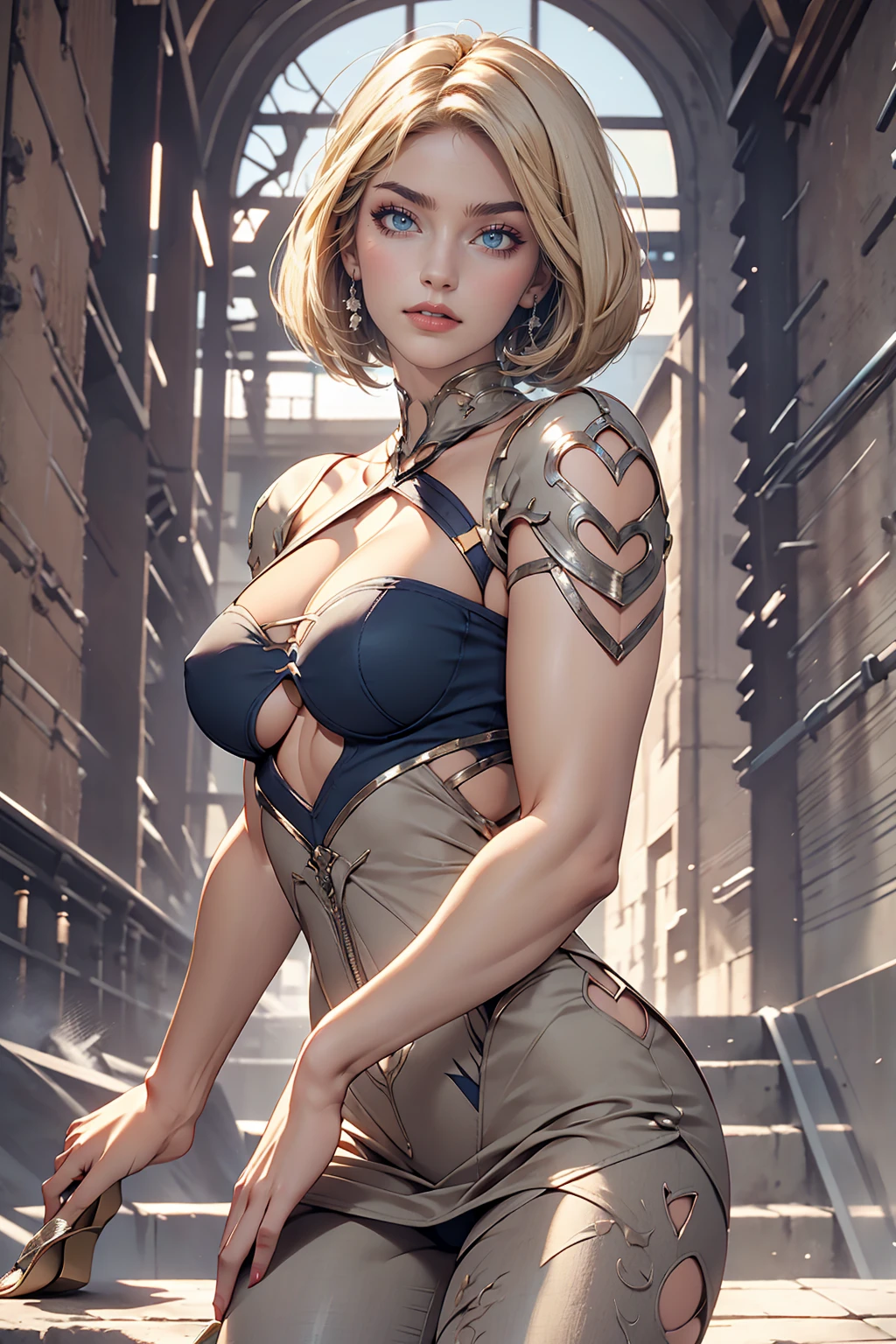 26 year old Caucasian female、Platinum Blonde、Bob Hair((bob cut))、blue eyes、Sexy proportions、Narrow waist、Long legs、7 heads、Beautiful fingertips、Front cutout((front cutout))Wear tops、Wear leggings、Wear stiletto heels、Top view、Old concrete wall background、smile、Arms crossed