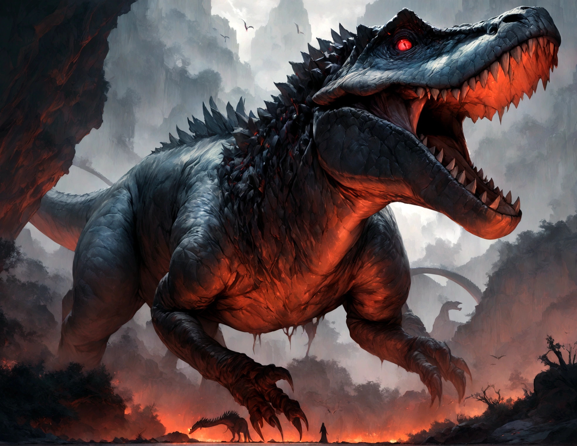 dinosaur, Predator、(masterpiece, High resolution, high quality, Ultra-realistic:1.2), Tyrannosaurus,Black and white grey skin、Faint feathers around the neck、 Red eyes shining in the darkness, Surreal Landscape, Dramatic composition, Vibrant colors, Eerie Darkness, Intricate details,Ominous atmosphere