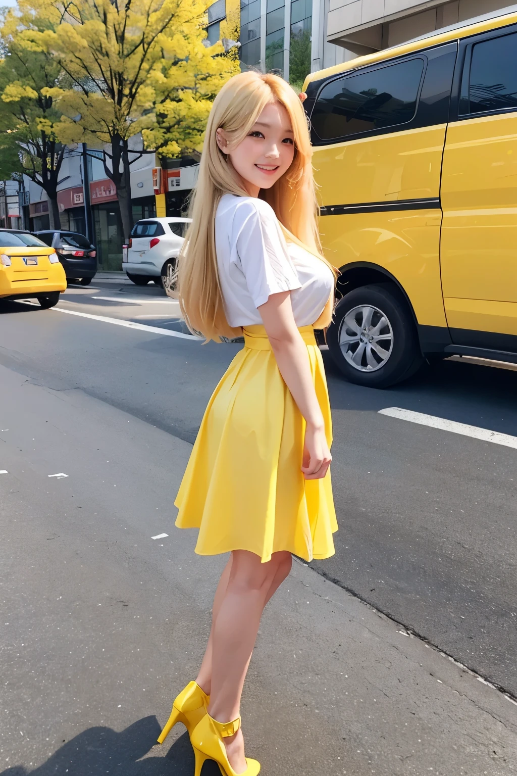 1 girl、big breasts、Yellow honey medium long blonde hair、Spring coordination、yellow tight miniskirt、normal high heels, tokyo street, 8K, Raw photo, highest quality, masterpiece,realistic, photo-realistic,the most beautiful face、model shoot、smile、Model photoshoot with cute smile、