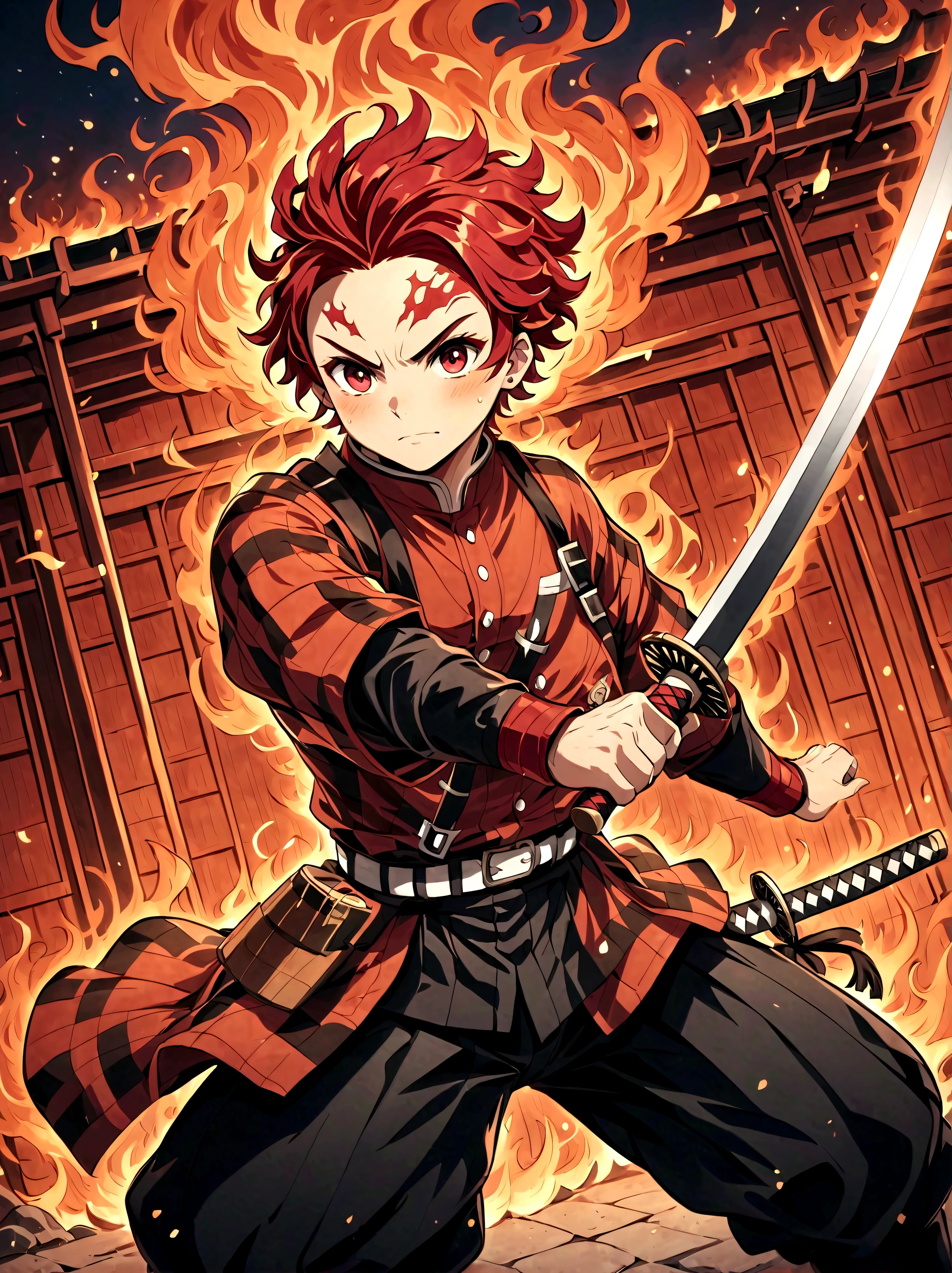 Kamado Tanjirou, Demon Slayer anime, Weapon Focus，Bright red hair, Sparkling red eyes，muscular，Intricate tattoos，(Holding a burning katana:1.5)，An element of danger and tension，Plaid clothes, demon slayer uniform, Black pants, fighting, Fire, explode, Dynamic poses, temple, Vision