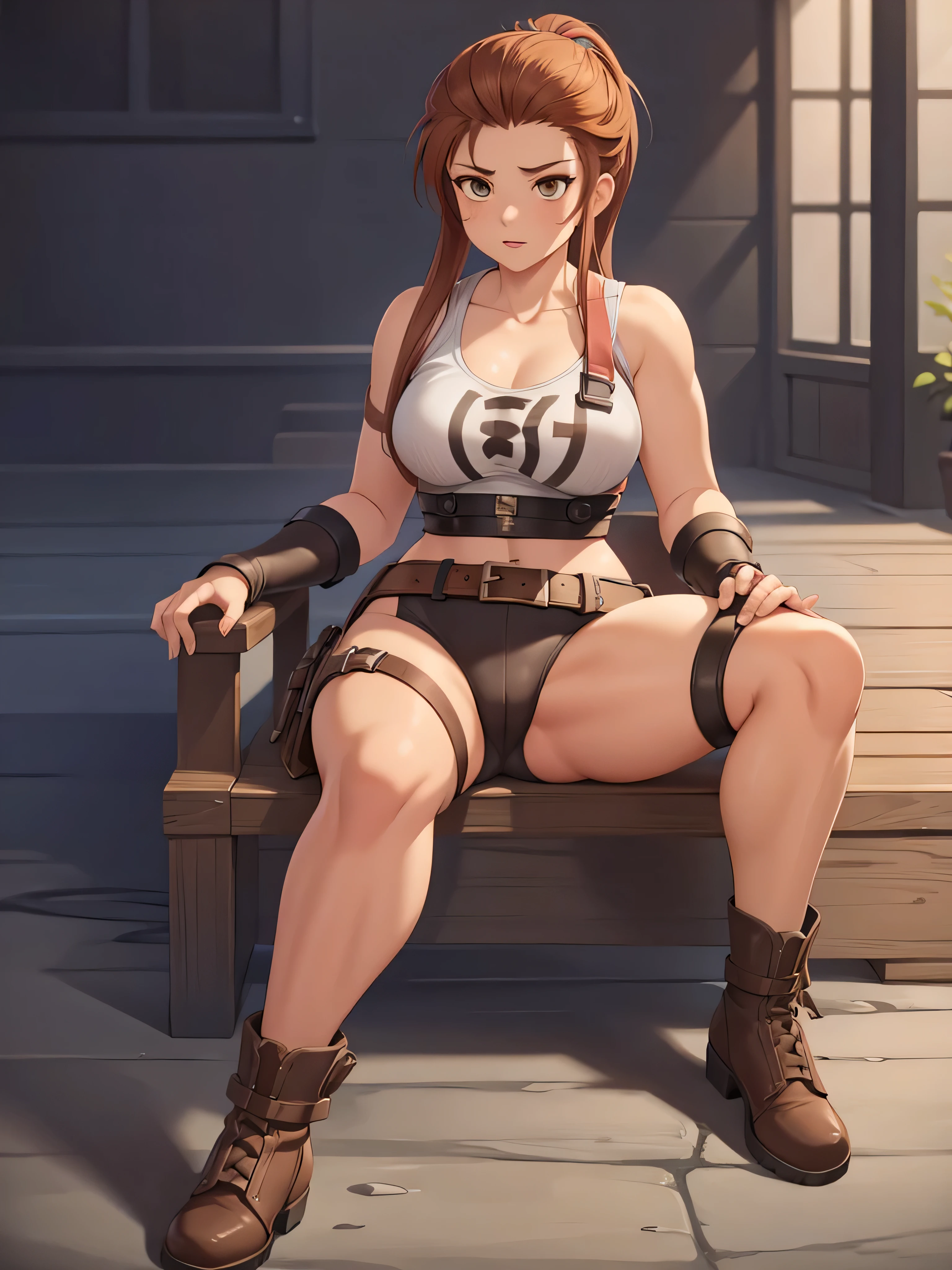 brigitte overwatch , thighs, full body, brown boots, nude tits, sitting, pantyhose, wide hips, crossed legs