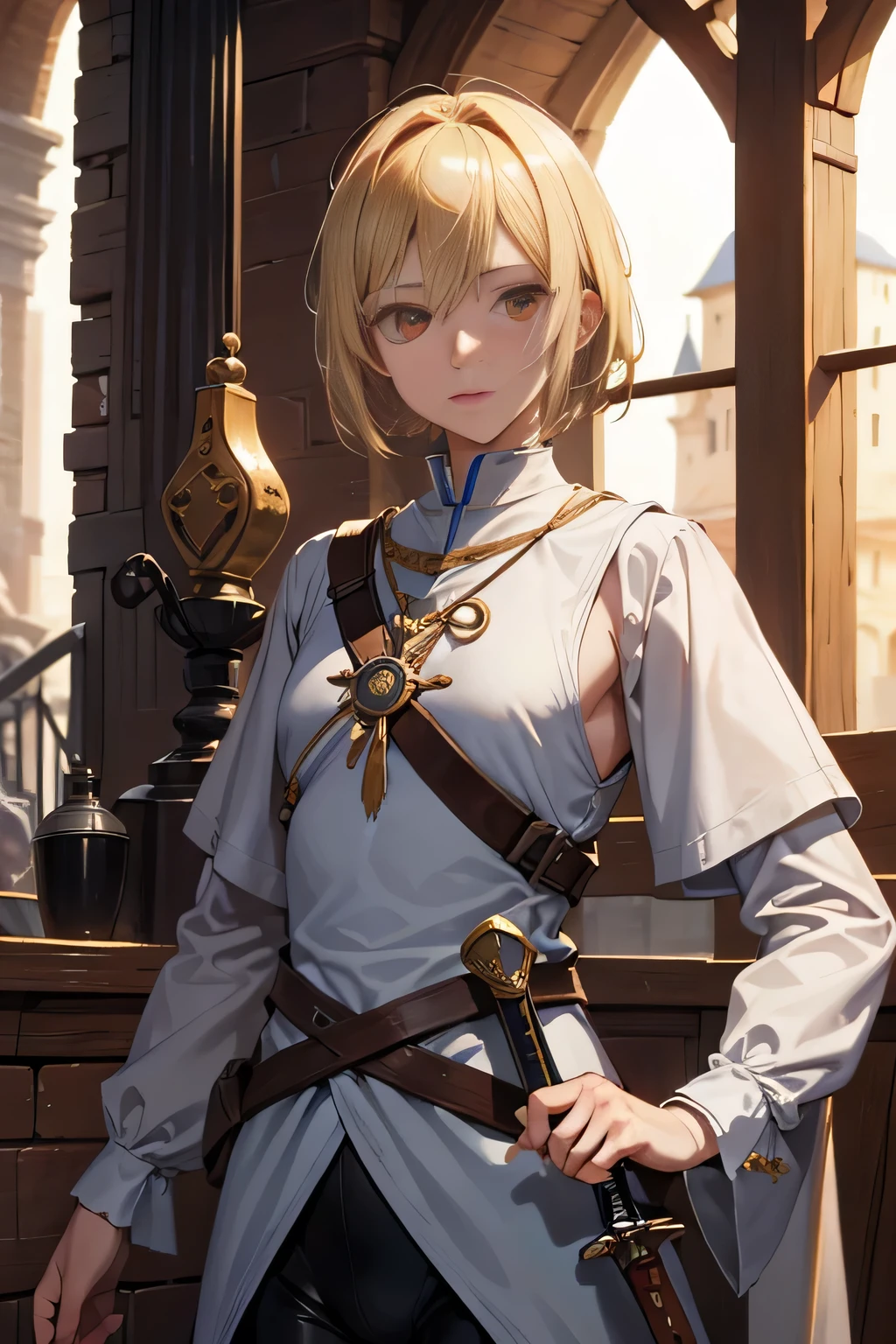 ,Perfect ,don quixote \(limbus company\, Naked、Blonde hair, Short hair, hair between eye, Orange Eyes, She straddles the bayonet、(Musketeers in medieval Europe )､hiqcgbody