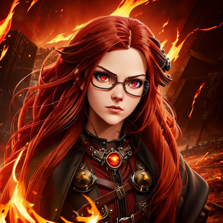 (girl with modest black and red steampunk outfit, steampunk goggles on forehead), wide shot, full body, front view, (((crimson eyes))), crimson hair, long hair, (perfect hands), gold necklace with red gem, flames surround her, wreathed in flame, global illumination, determined look at the viewer, illustrations, high-quality, ultra-detailed, vivid colors, portraits, warm color tones, soft lighting, long flowing red hair,  leather corset, mechanical accessories, industrial background, intense expression, flaming red eyes, (infernal aura), standing before a roaring bonfire, passionate expression, twilight, fiery landscape, crackling flames, intense atmosphere, (crackling embers), (dancing flames), Ignia, fiery eyes, background of blazing inferno