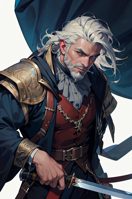 ((highest quality)), ((masterpiece)), (detailed), Perfect Face, Fantasy, old, beard, The Cowardly Nobleman, vampire, Clothes that are not too flashy, sword