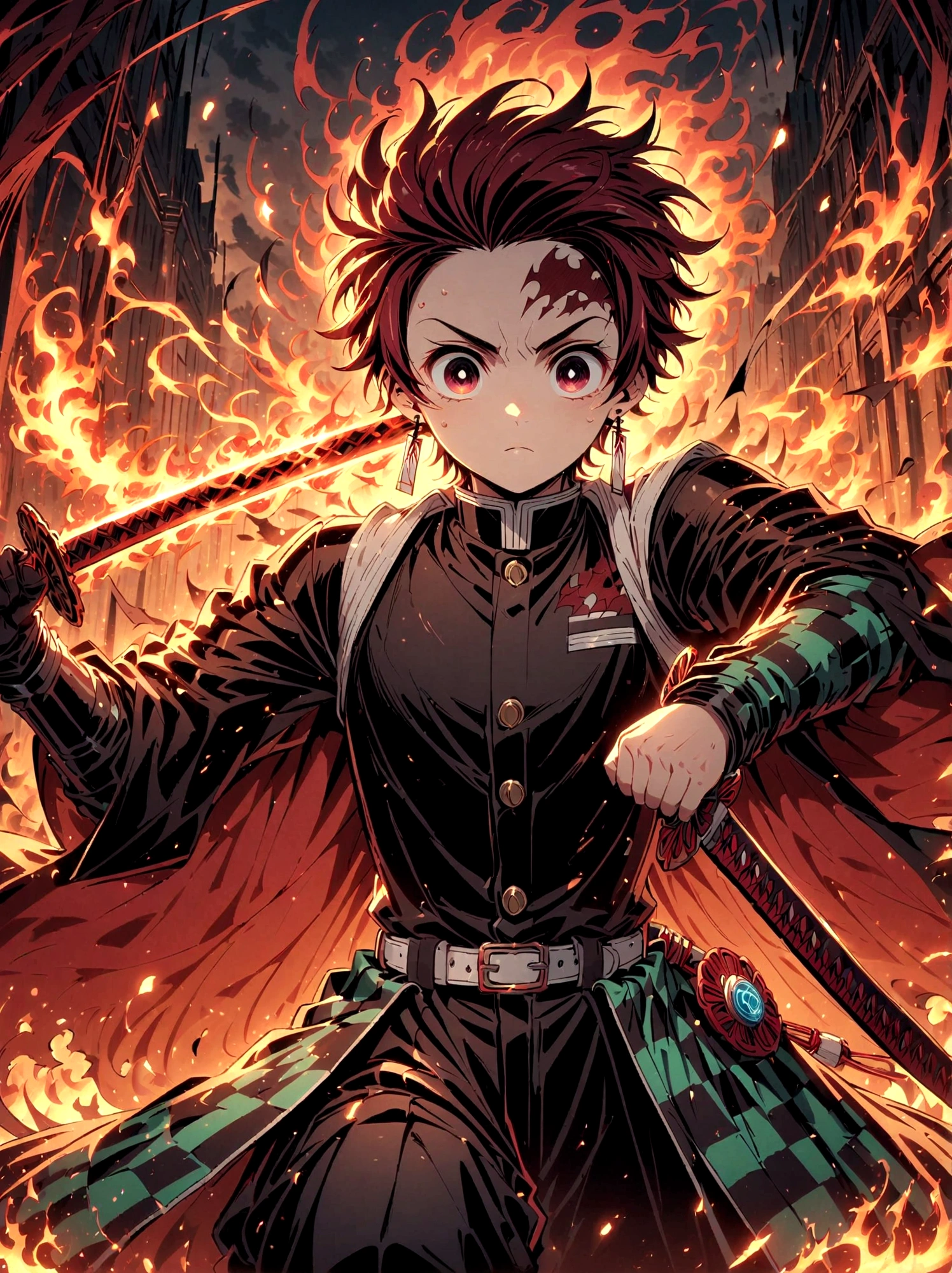 Kamado Tanjirou, Demon Slayer anime, Weapon Focus，Bright red hair, Sparkling red eyes，muscular，Intricate tattoos，(Holding a burning katana:1.5)，An element of danger and tension，Plaid clothes, demon slayer uniform, Black pants, fighting, Fire, explode, Dynamic poses, temple, Vision