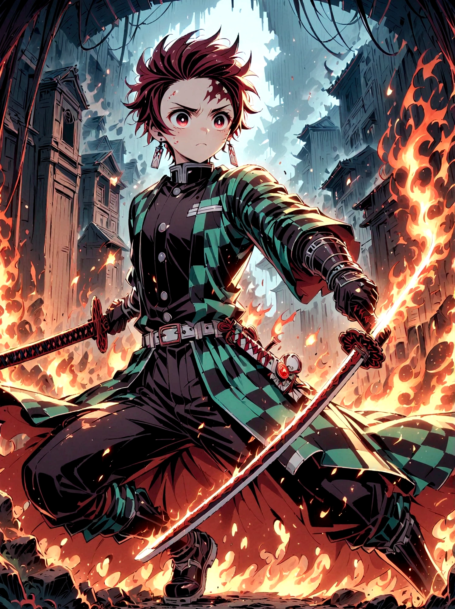 Kamado Tanjirou, Demon Slayer anime, Weapon Focus，Bright red hair, Sparkling red eyes，muscular，Intricate tattoos，(Holding a burning katana:1.5)，An element of danger and tension，Plaid clothes, demon slayer uniform, Black pants, fighting, Fire, explode, Dynamic poses, temple, Vision